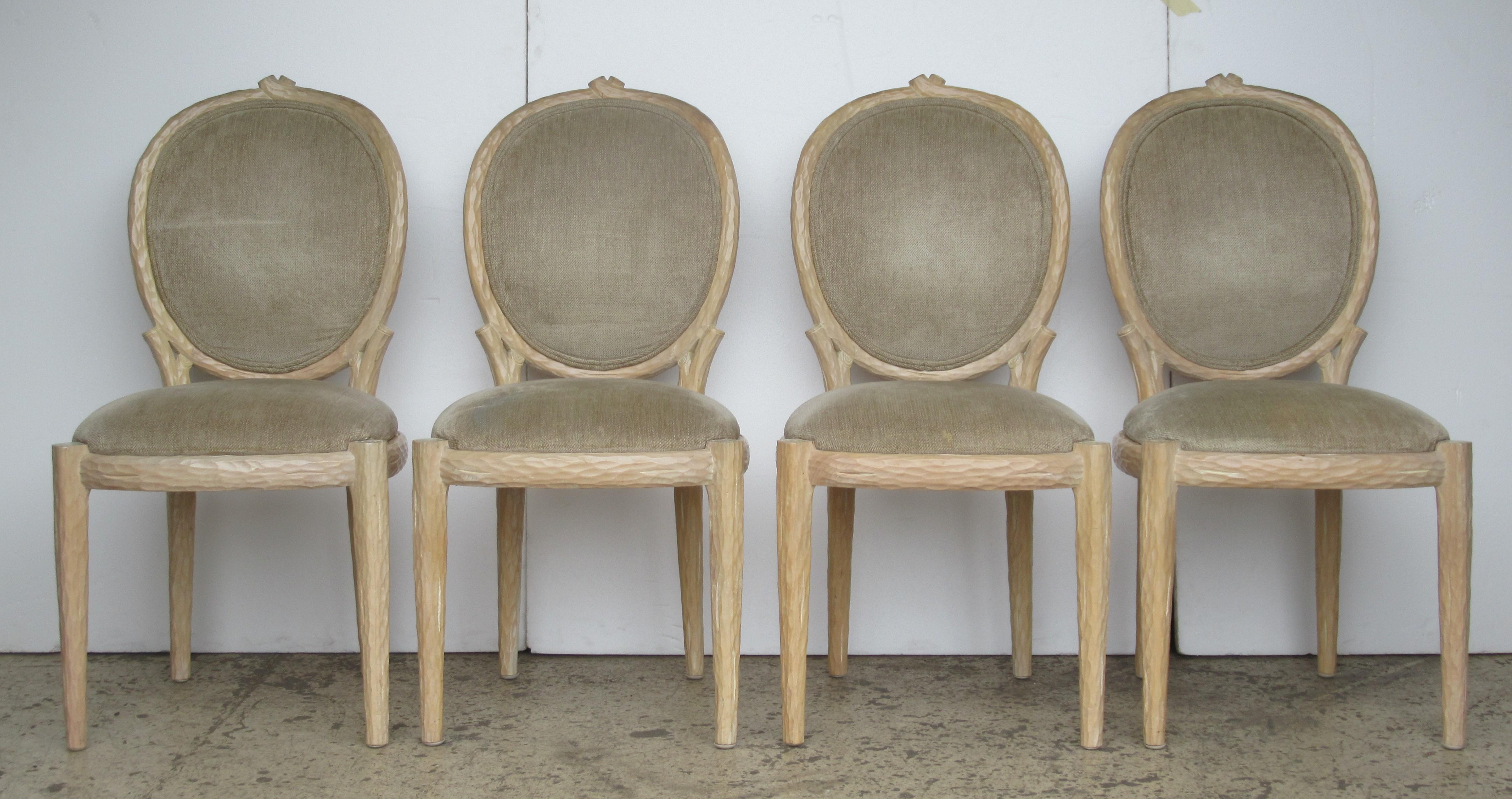 Set of four carved wood faux bois twig form dining or side chairs in beautifully aged subtle white washed vellum colored finish. Italian - circa 1970s. See all pictures.