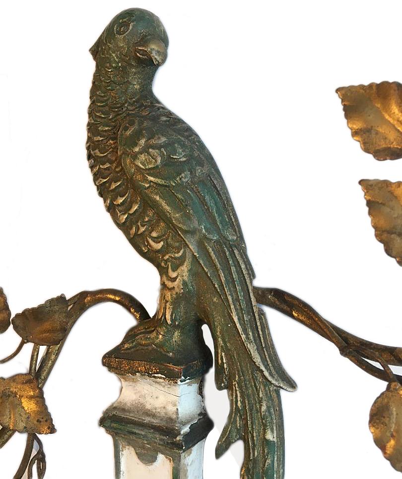 Ensemble de 4 appliques de perroquet en bois sculpté et doré, datant des années 1950. Vendu par paire.

Mesures :
Hauteur : 22