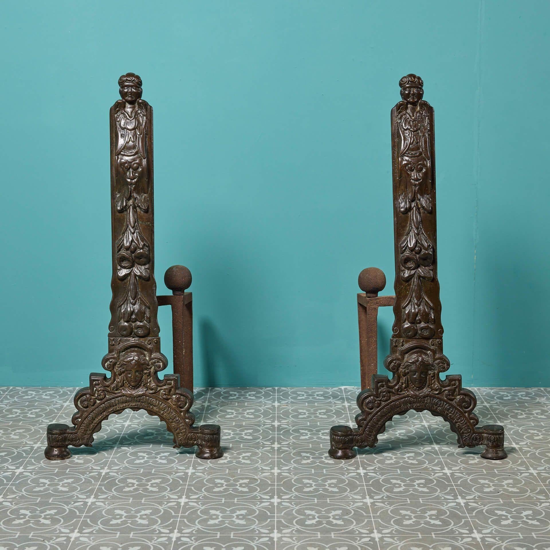English Set of Cast Bronze Baroque Style Antique Fire Andirons For Sale