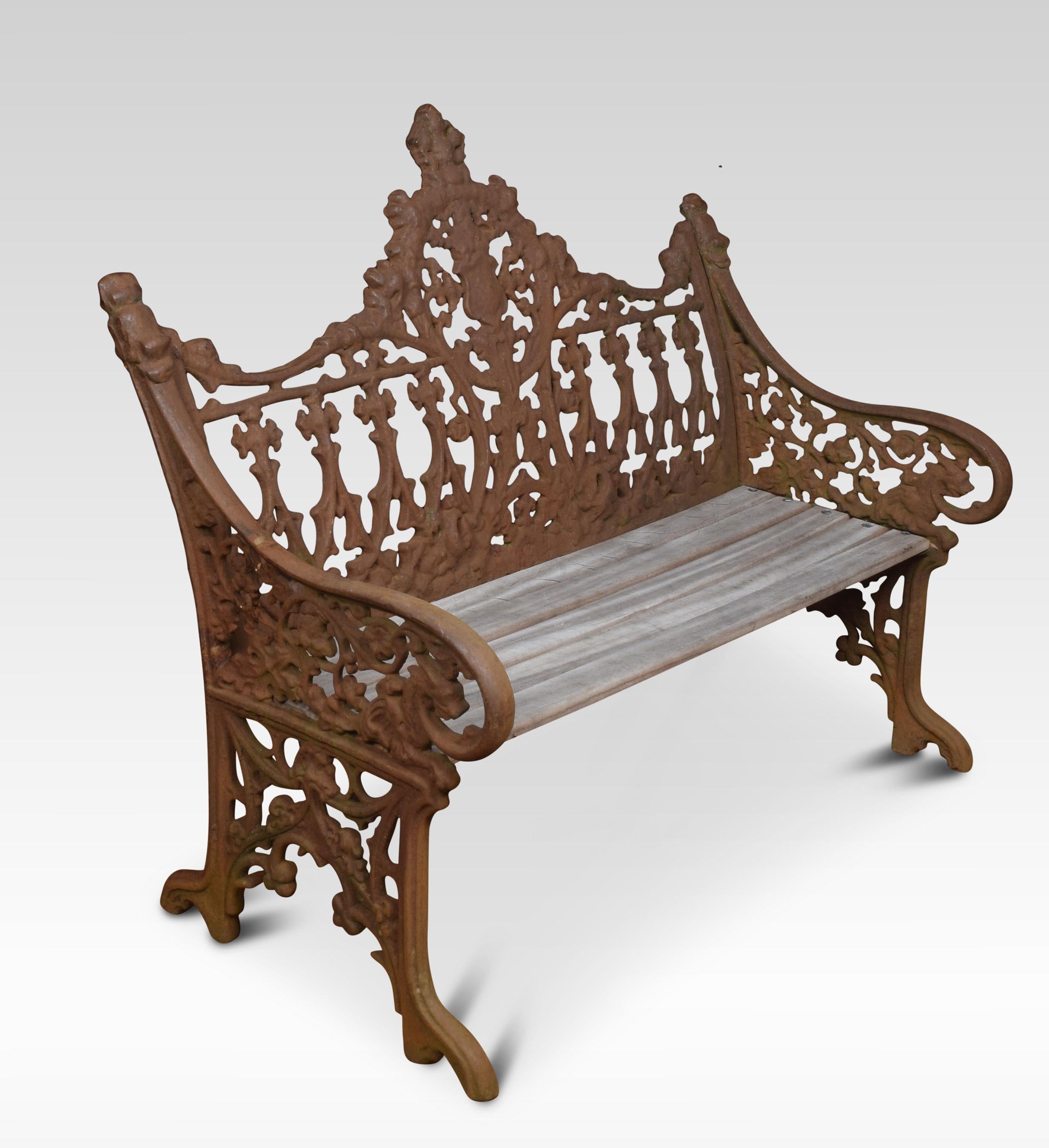 Set of cast iron garden seats, including a two-seater bench and two single chairs, each with shaped pierced decorated backs, scroll arms and replaced grid type seats. All raised up on shaped legs.
Dimensions
Two seater
Height 37 inches height to