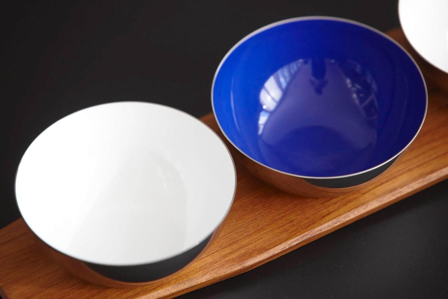 Mid-Century Modern Set of Cathrineholm Silver Buffed Stainless and Porcelain Enamel Bowls