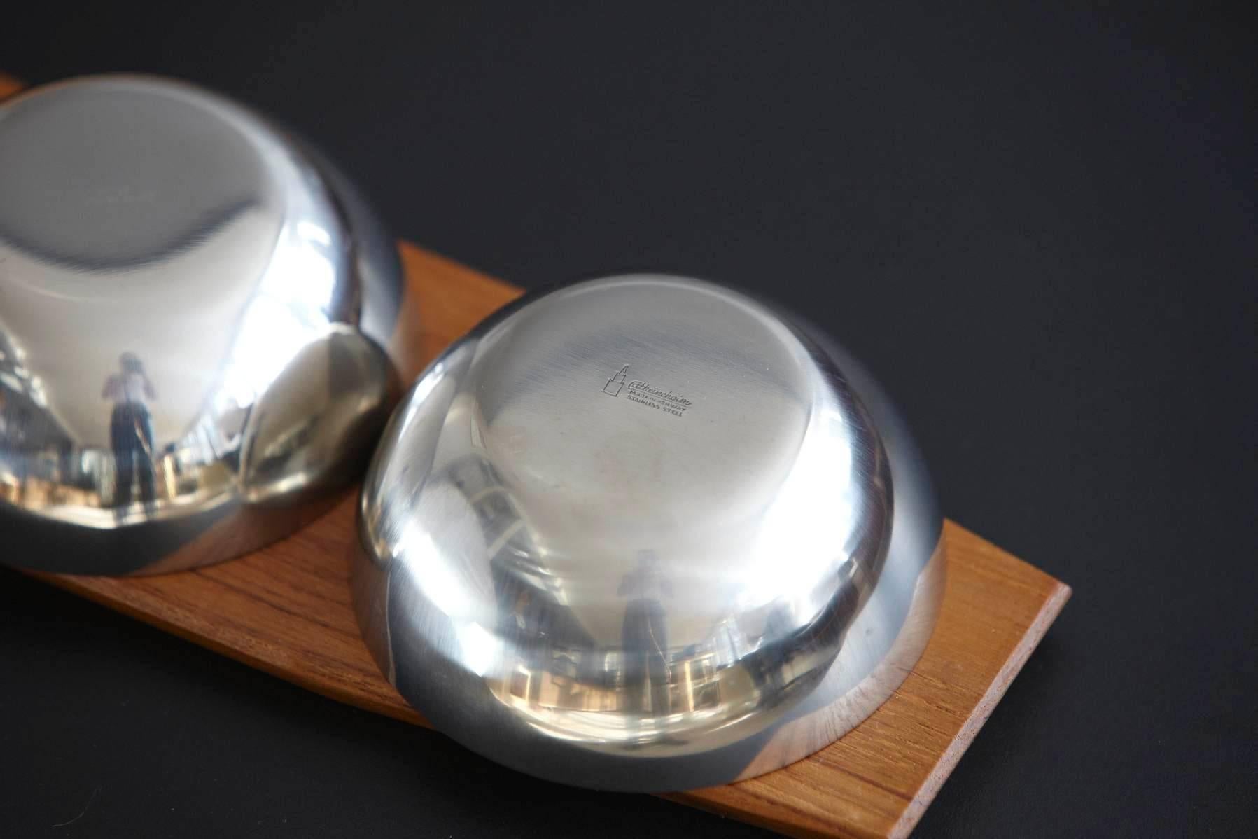 Mid-20th Century Set of Cathrineholm Silver Buffed Stainless and Porcelain Enamel Bowls