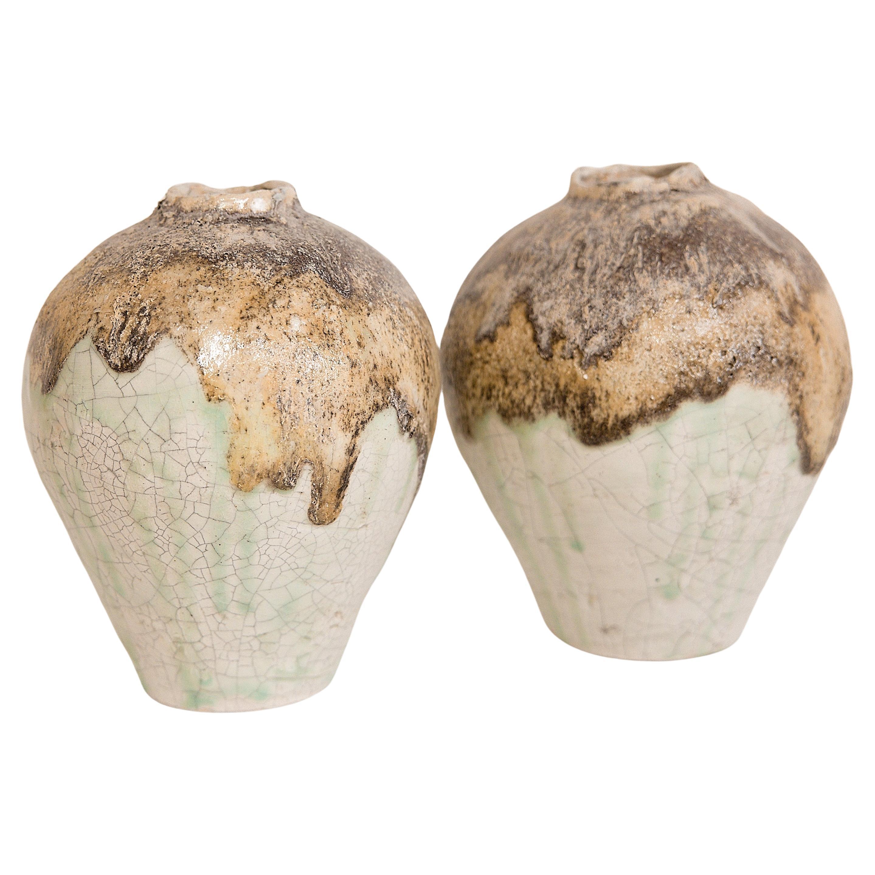  Set of Celadon crackle Ginger Jars Handmade Stoneware For Sale