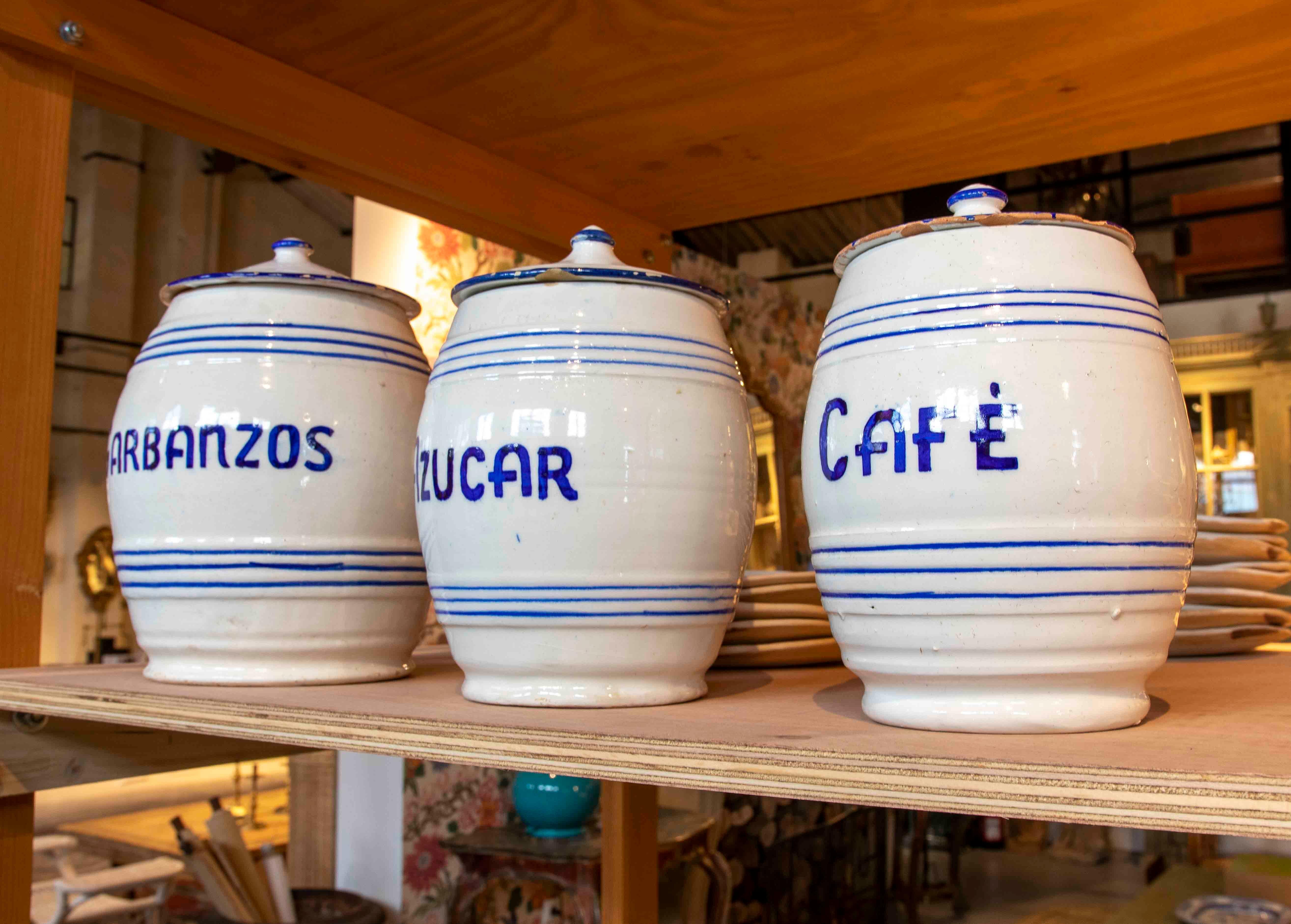 Set of Ceramic Jars with Lids for Storing Vegetables, Sugar and Coffee.
