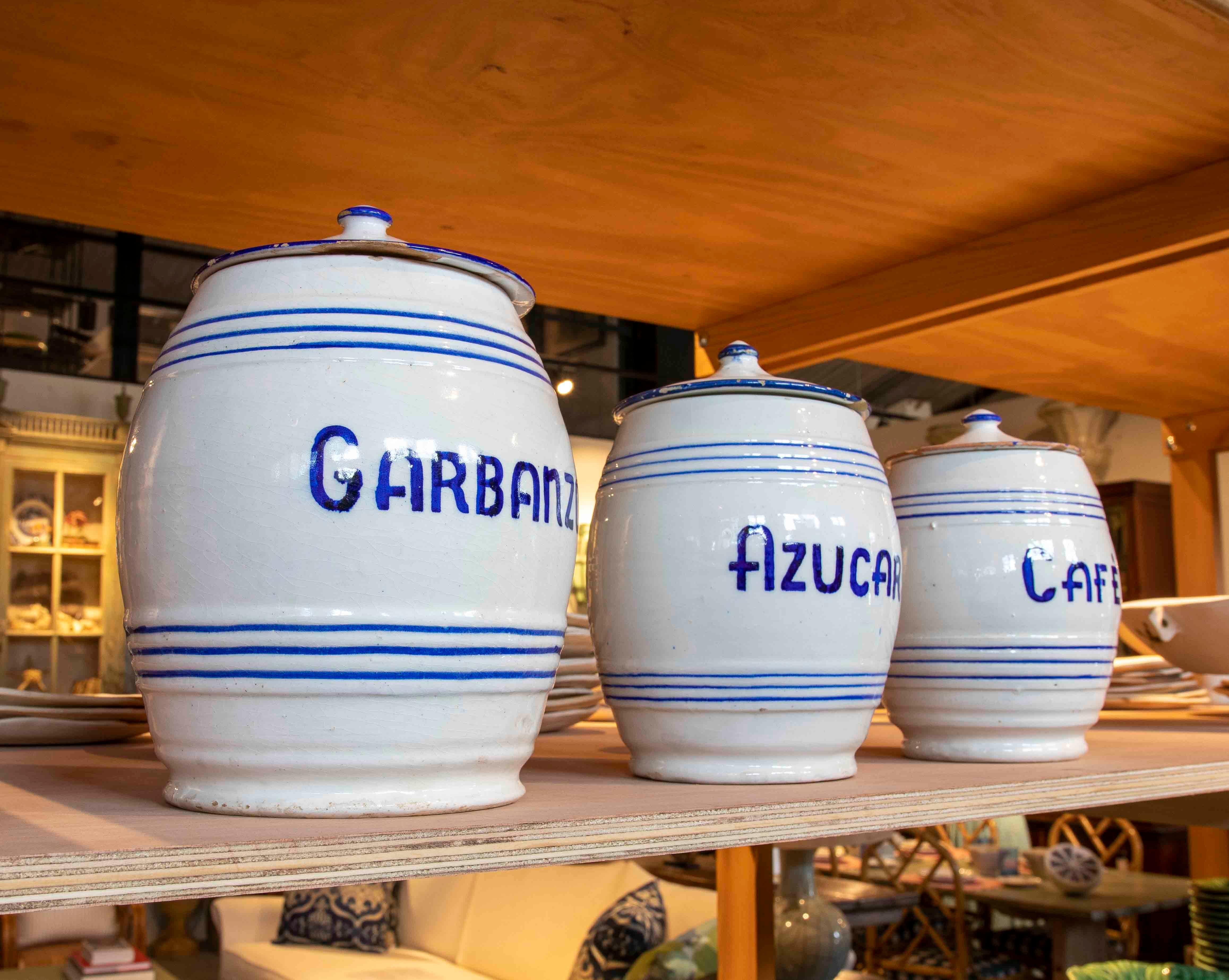 Spanish Set of Ceramic Jars with Lids for Storing Vegetables, Sugar and Coffee