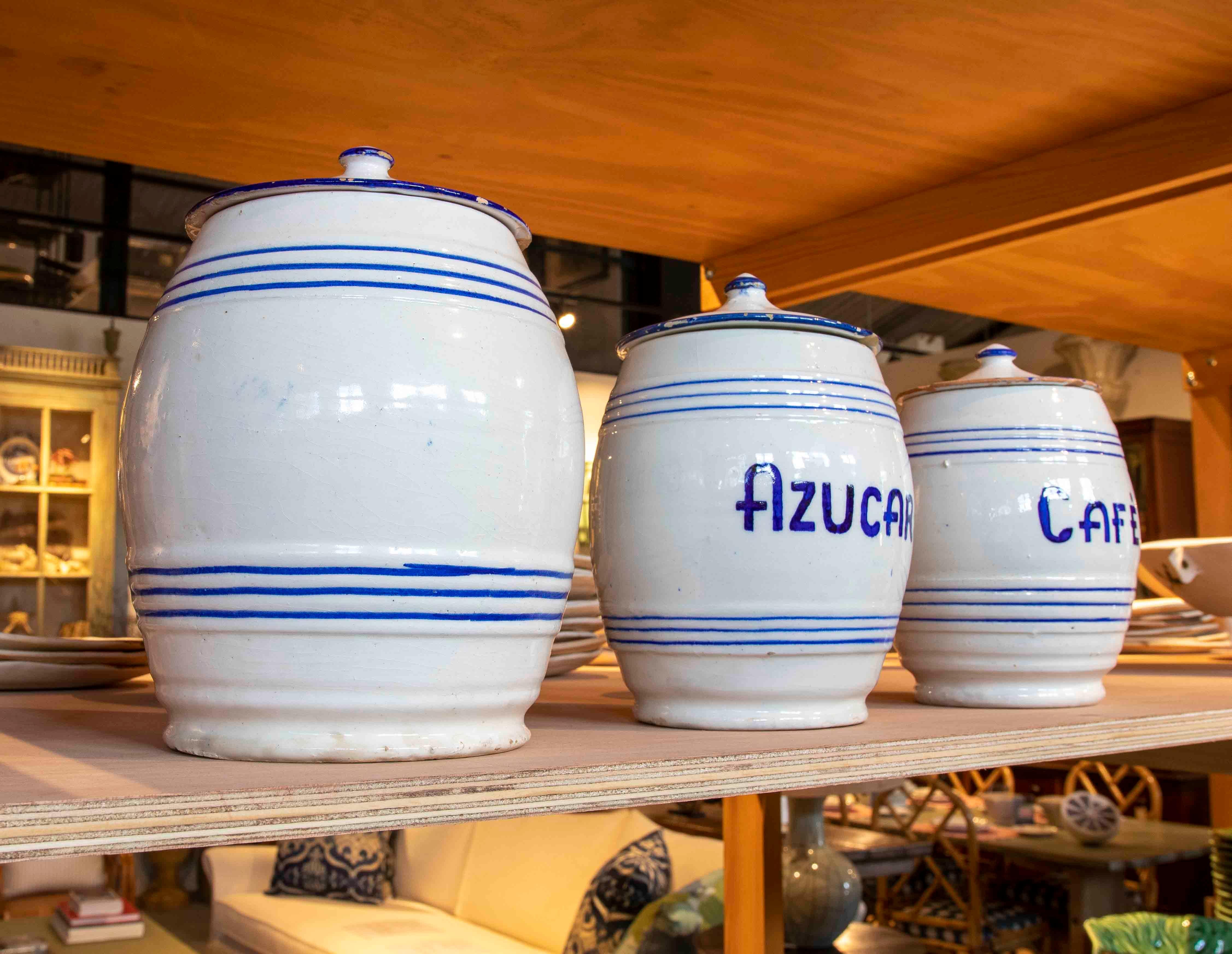 Set of Ceramic Jars with Lids for Storing Vegetables, Sugar and Coffee In Good Condition In Marbella, ES