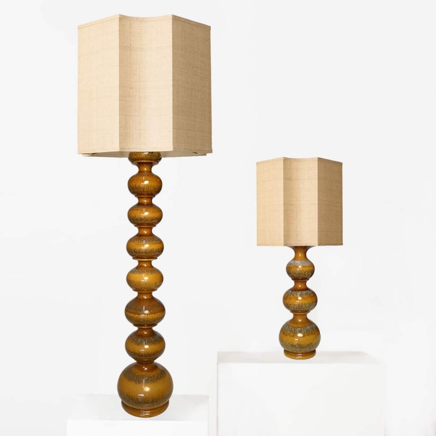 Exceptional set of ceramic bubble lamps, Germany, 1960s. Beautiful sculptural pieces made of handmade ceramic in rich glazed brown or yellow grey tones. With special new custom made warm yellow lamp shades by René Houben. With warm bronze inner