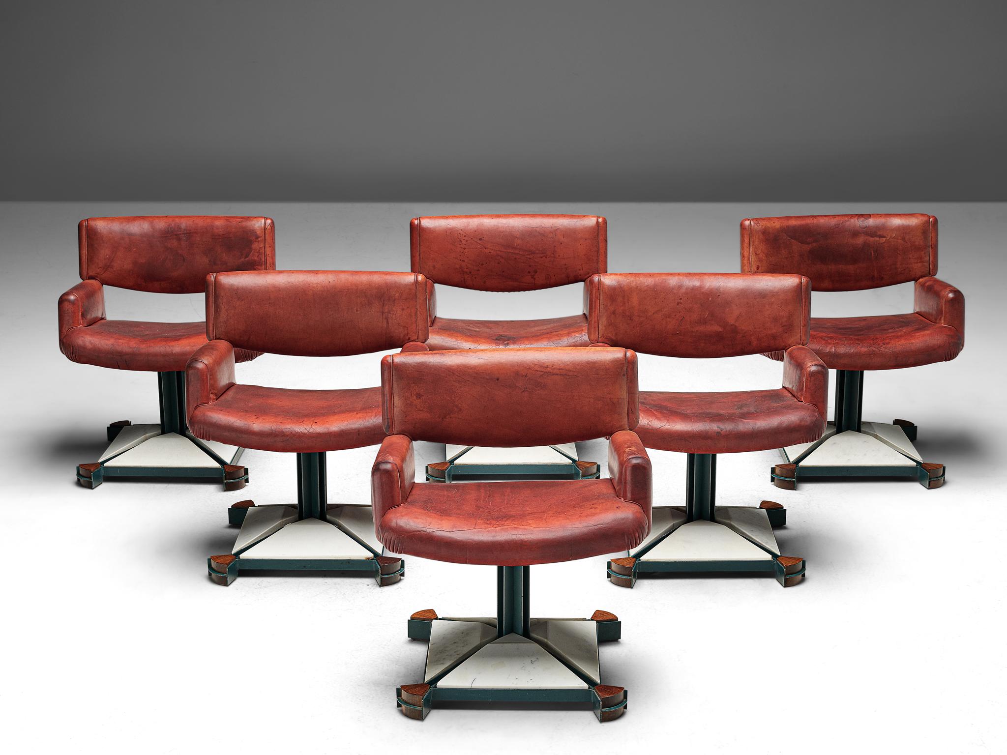 Post-Modern Set of Chairs in Marble and Red Leather