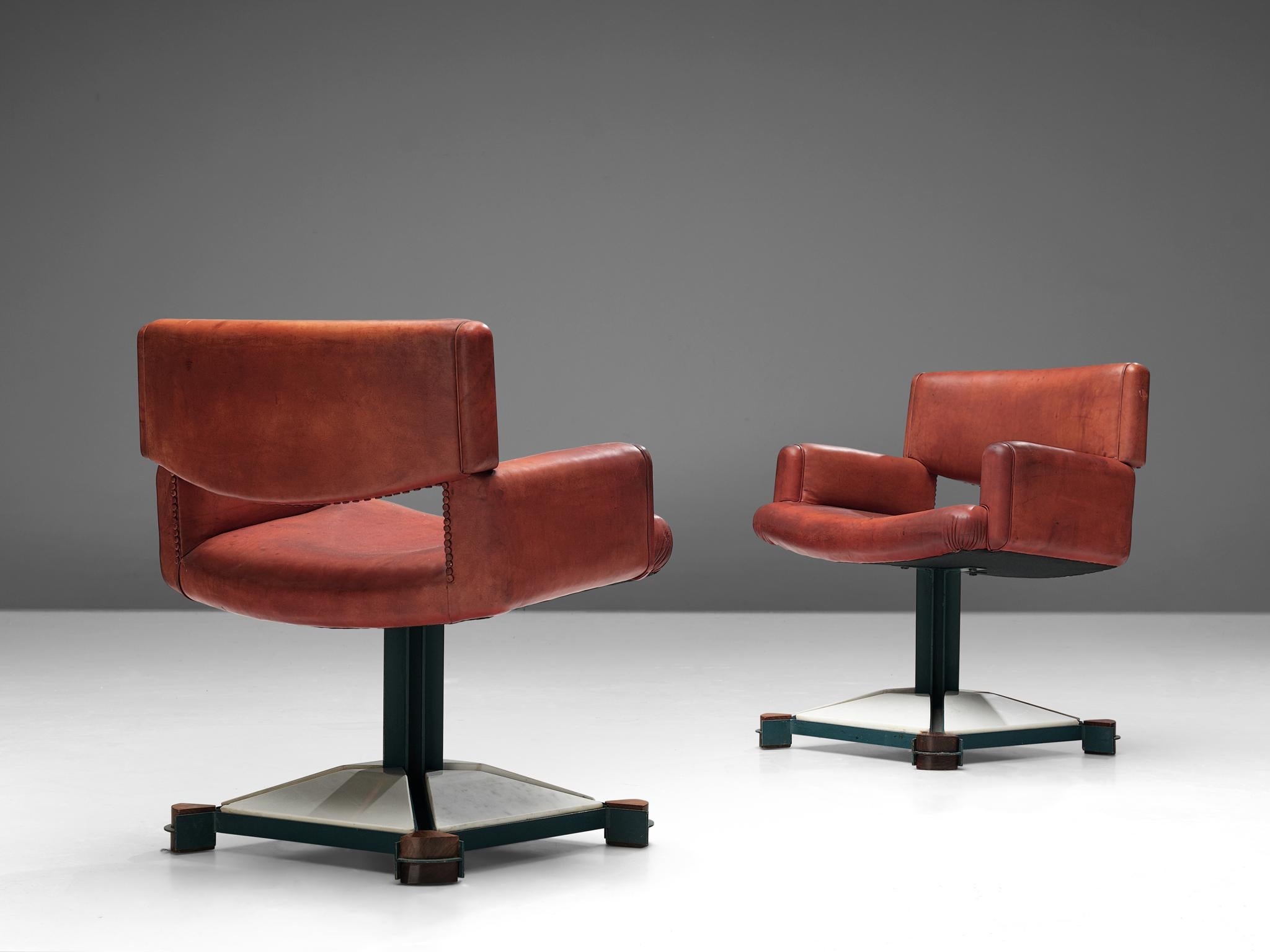 Late 20th Century Set of Chairs in Marble and Red Leather