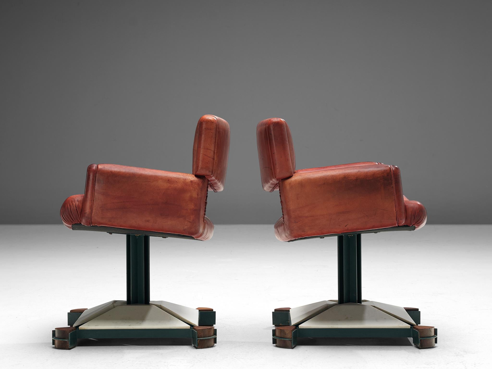 Steel Set of Chairs in Marble and Red Leather