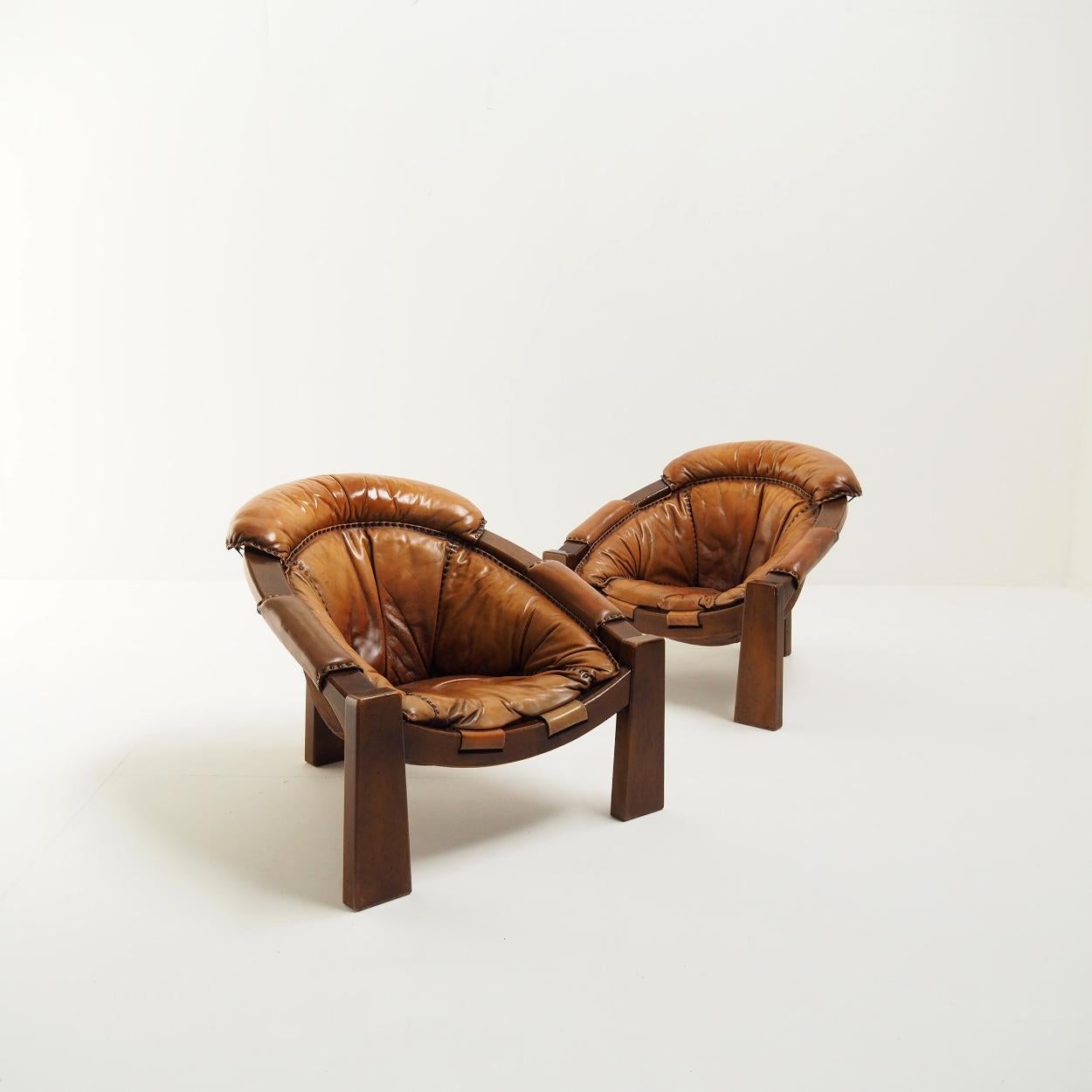 Italian Set of Chairs with Beautiful Patinated Leather. Italy, 1970s