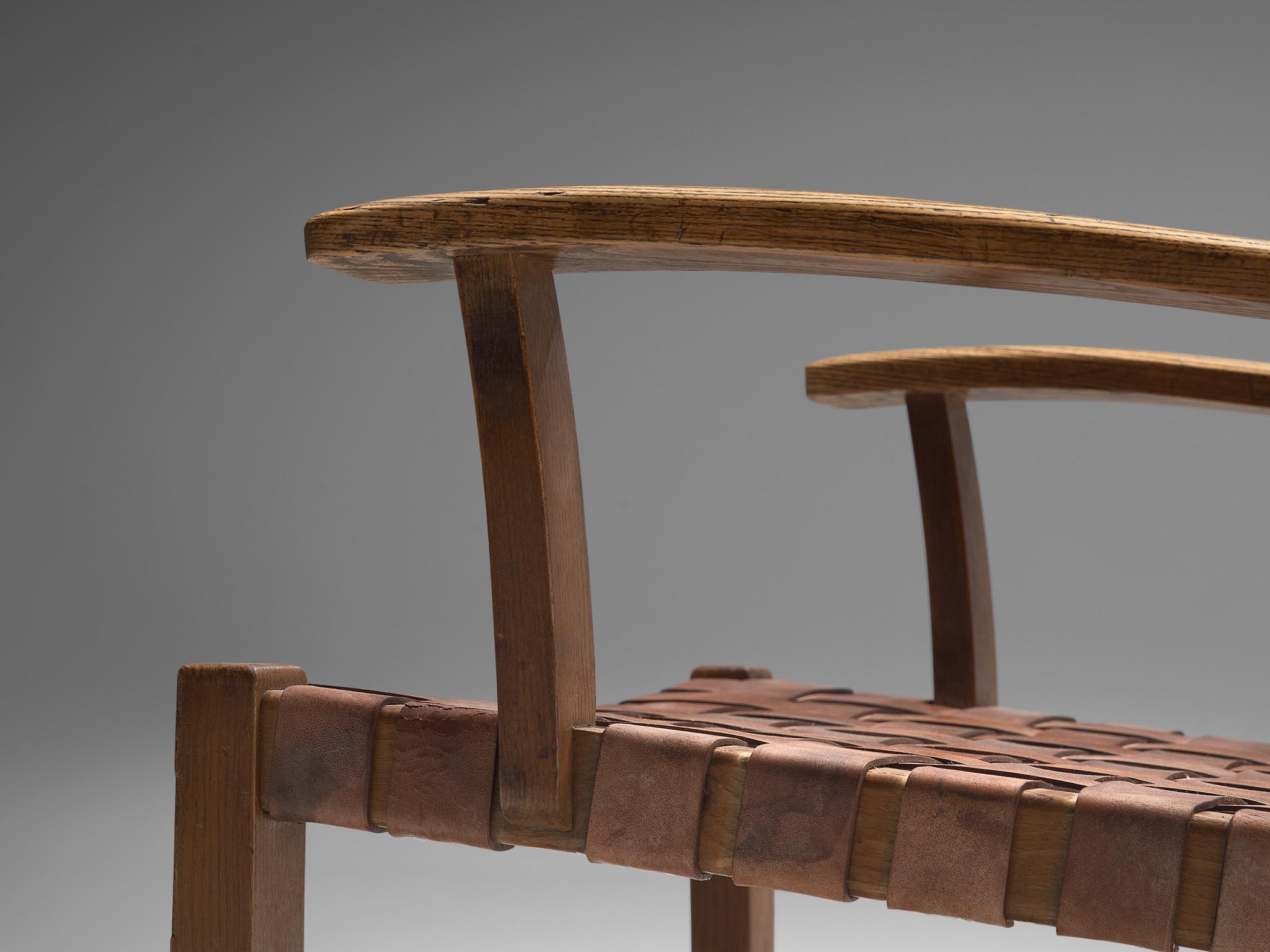 Patinated Set of Chairs with Cognac Leather Webbed Back and Seat