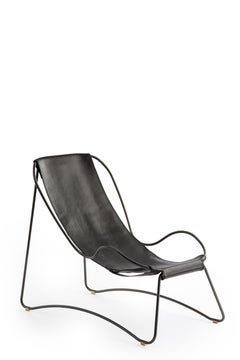Set of Sculptural Organic Chaise Lounge & Pouf , Black Metal & Black Leather