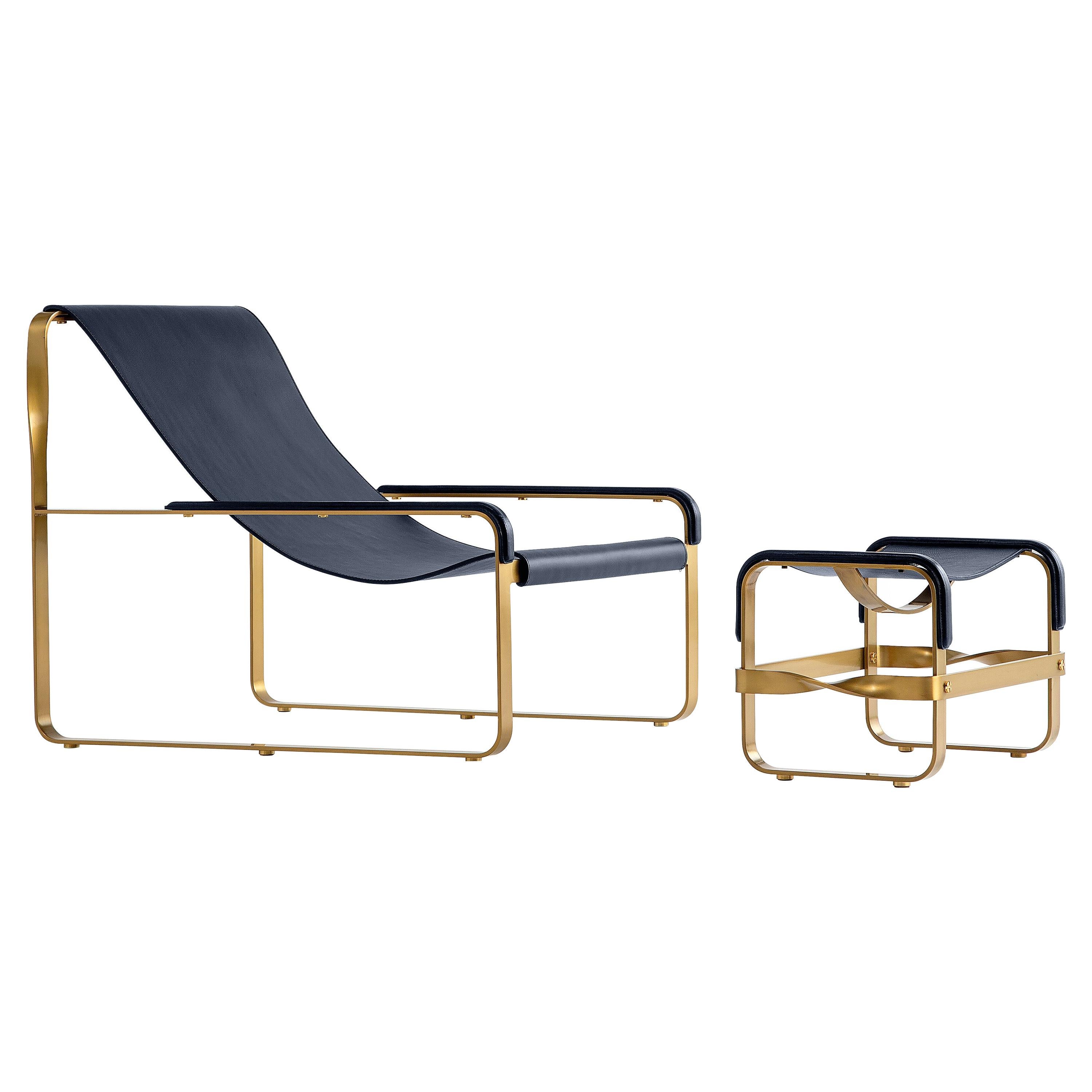 Set  Artisan Chaise Lounge & Footstool Aged Brass Steel & Navy Blue Leather For Sale