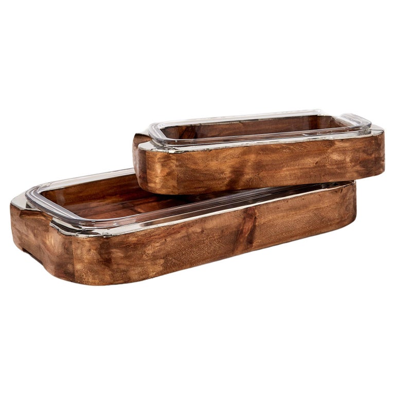 Set of Chalten Rectangular Oven Trays, Wood and Alpaca Silver Oven