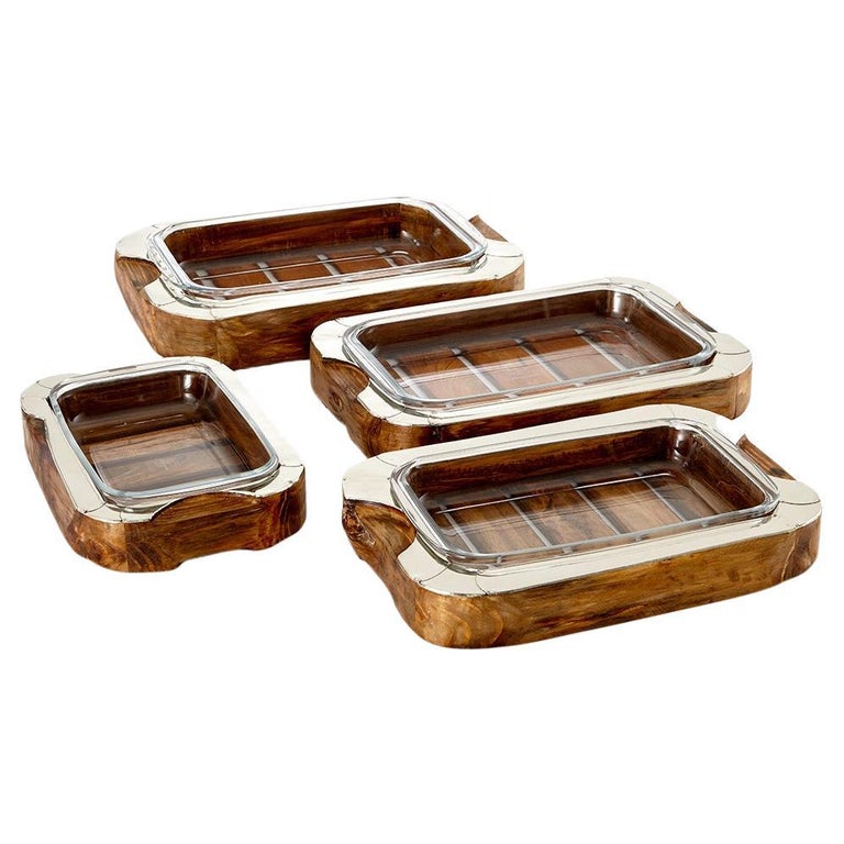 Set of Chalten Rectangular Oven Trays, Wood and Alpaca Silver Oven