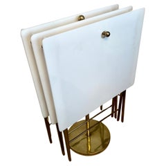 Set of Charles Hollis Jones Folding Acrylic and Brass Tray Tables on Stand