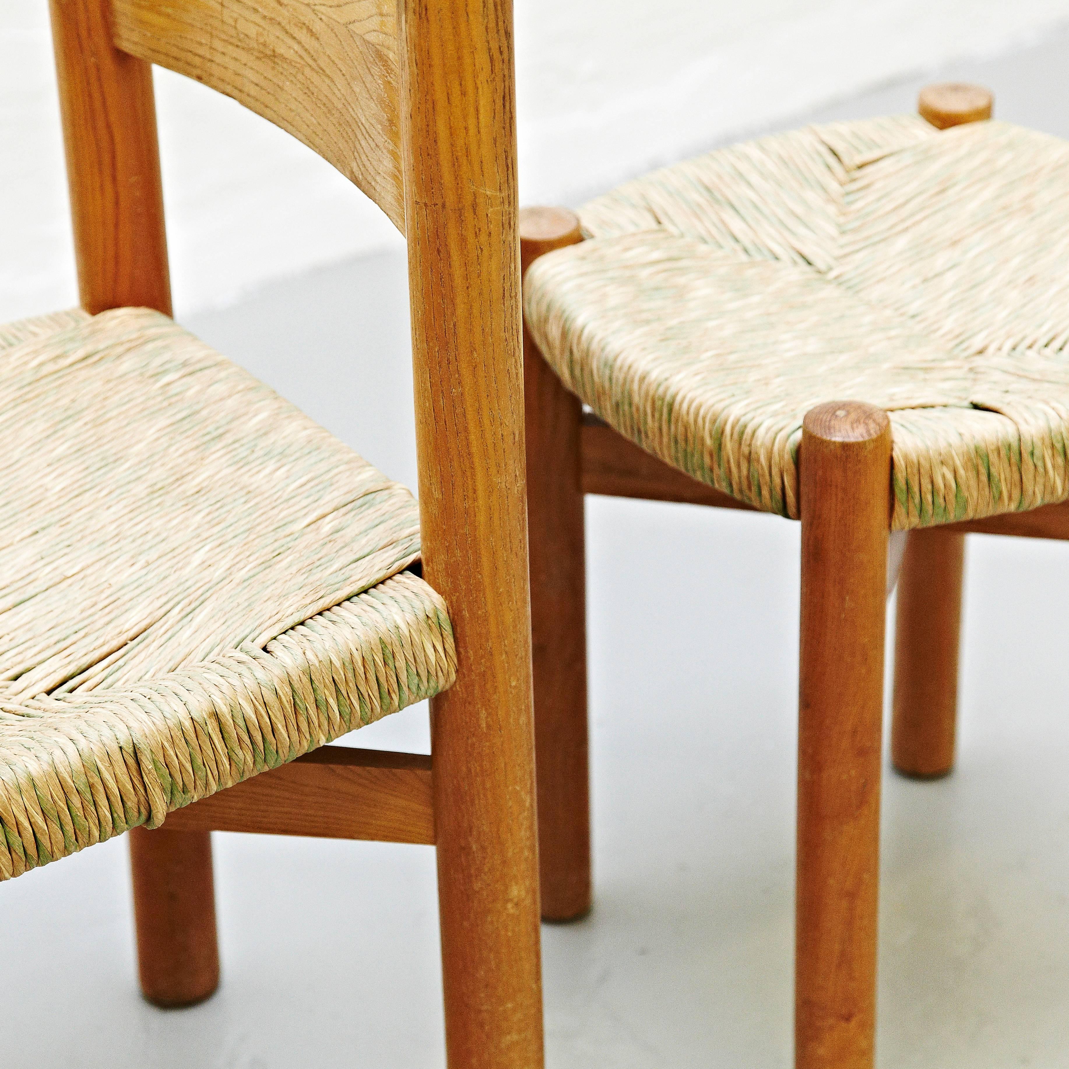 French Set of Charlotte Perriand Chair and Stool for Meribel, circa 1950