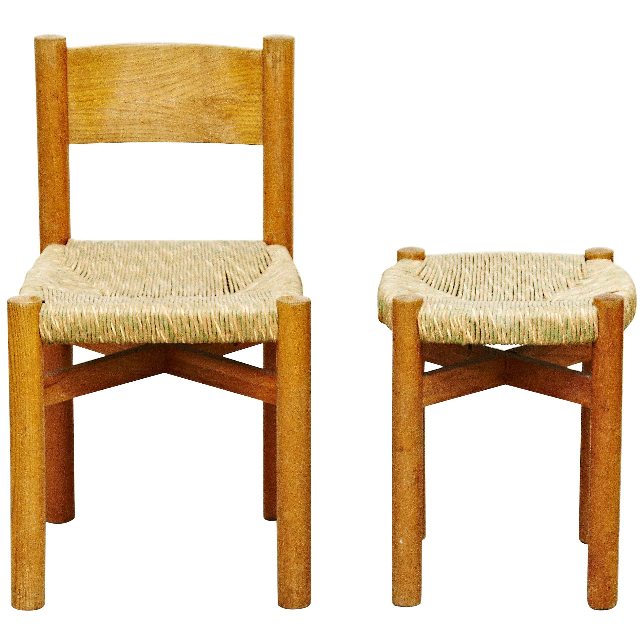 Set of Charlotte Perriand Chair and Stool for Meribel, circa 1950 In Good Condition In Barcelona, Barcelona