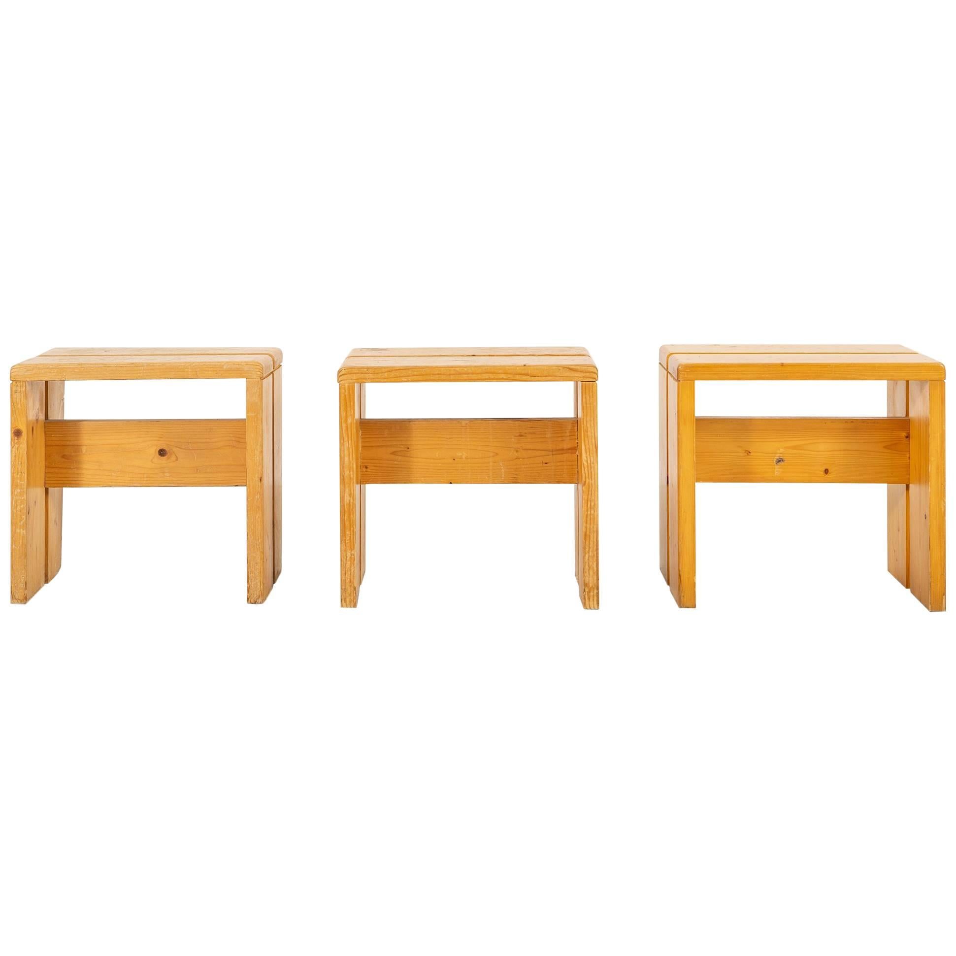 Set of Charlotte Perriand Pine Stools for Les Arcs For Sale