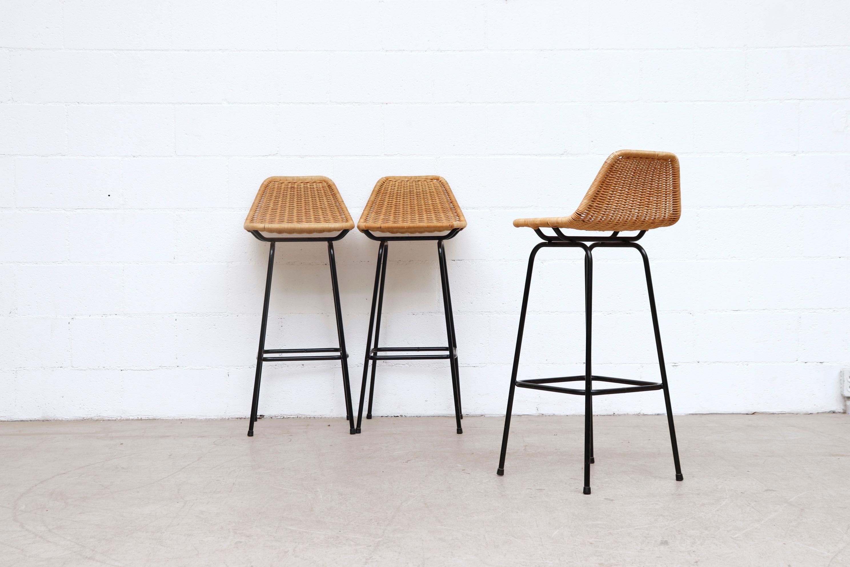 Enameled Set of Charlotte Perriand Style Wicker Bar Stools