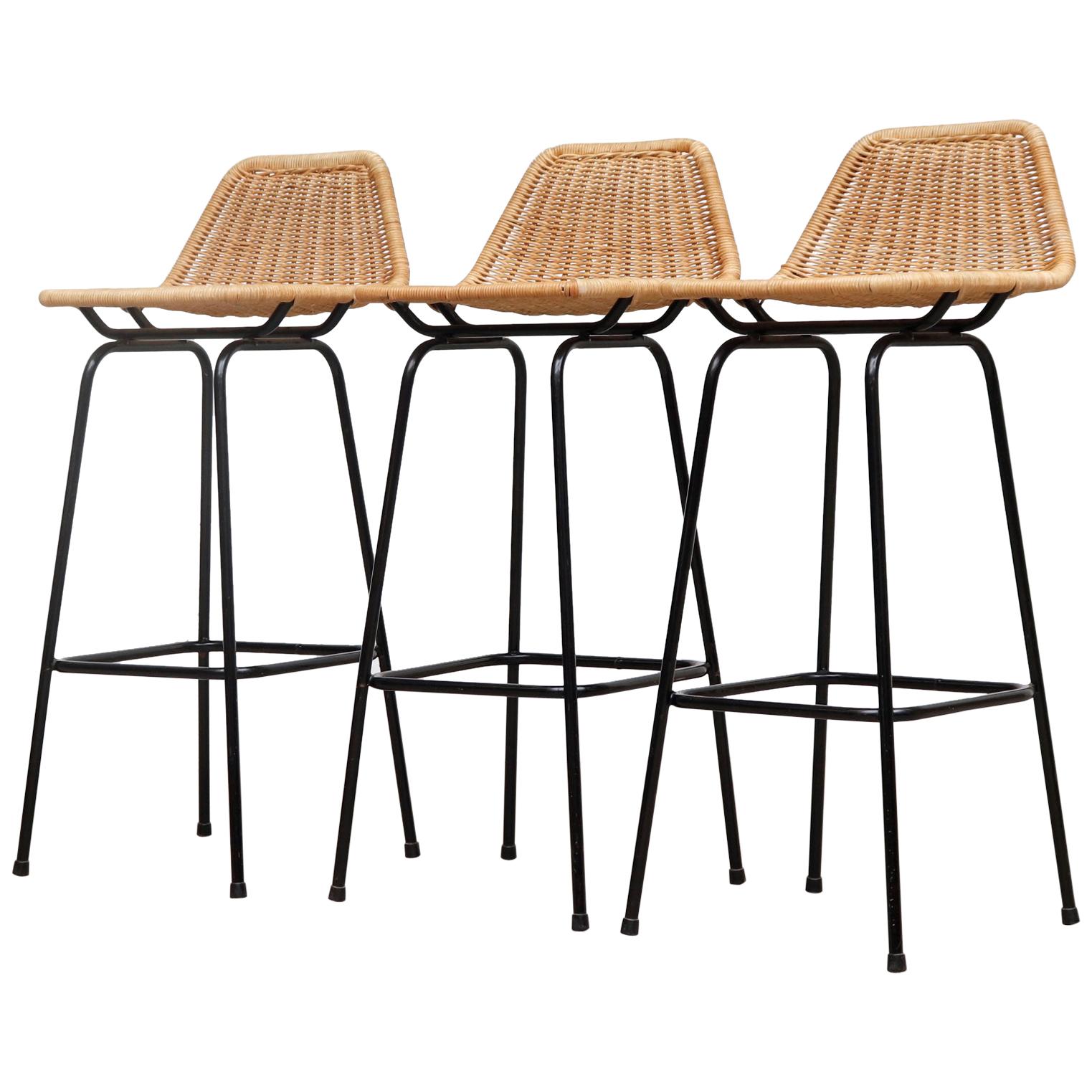 Set of Charlotte Perriand Style Wicker Bar Stools