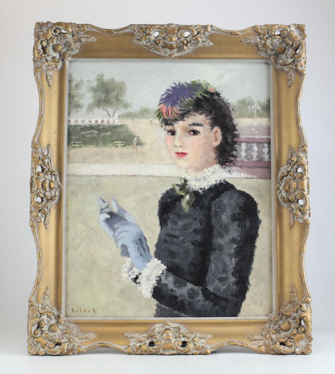 Set of Cherry Jeffe Huldah oil on canvas painting maiden

Portrait painting of an early 20th century costumed woman with a feathered head piece, black and white ruffled dress, green neck tie, and light blue gloves. Gilt wood frame with foliate