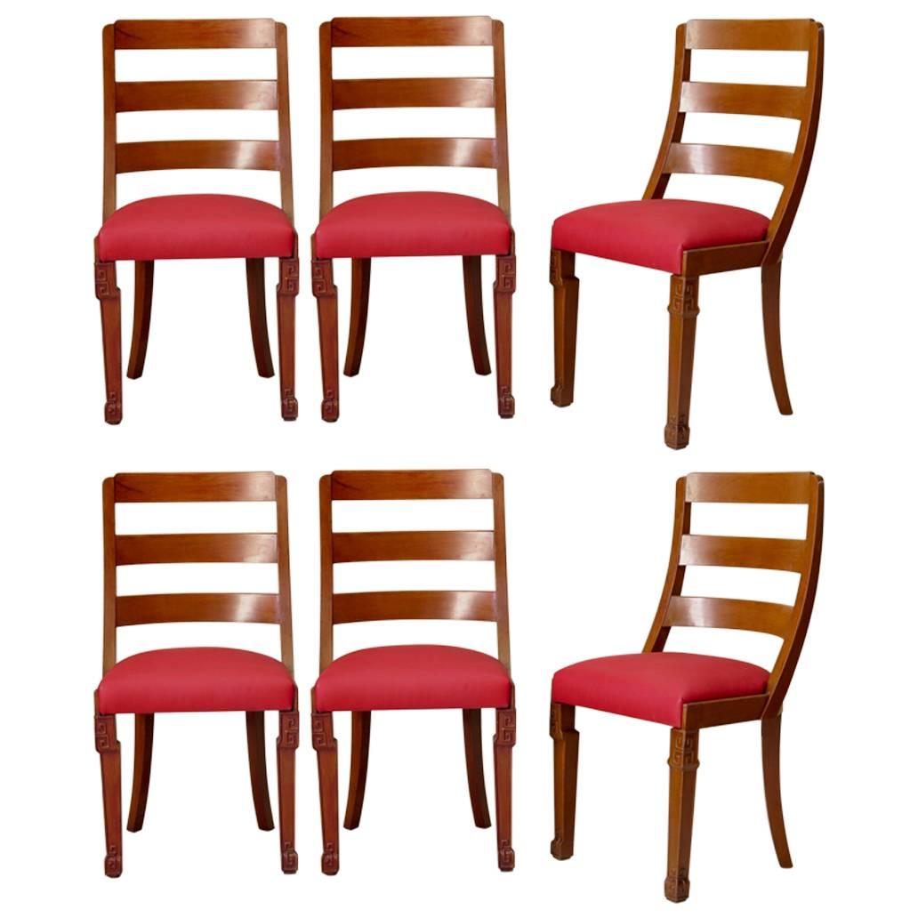 Set 6 French Art Deco Walnut Dining Chairs, circa 1940's at 1stDibs