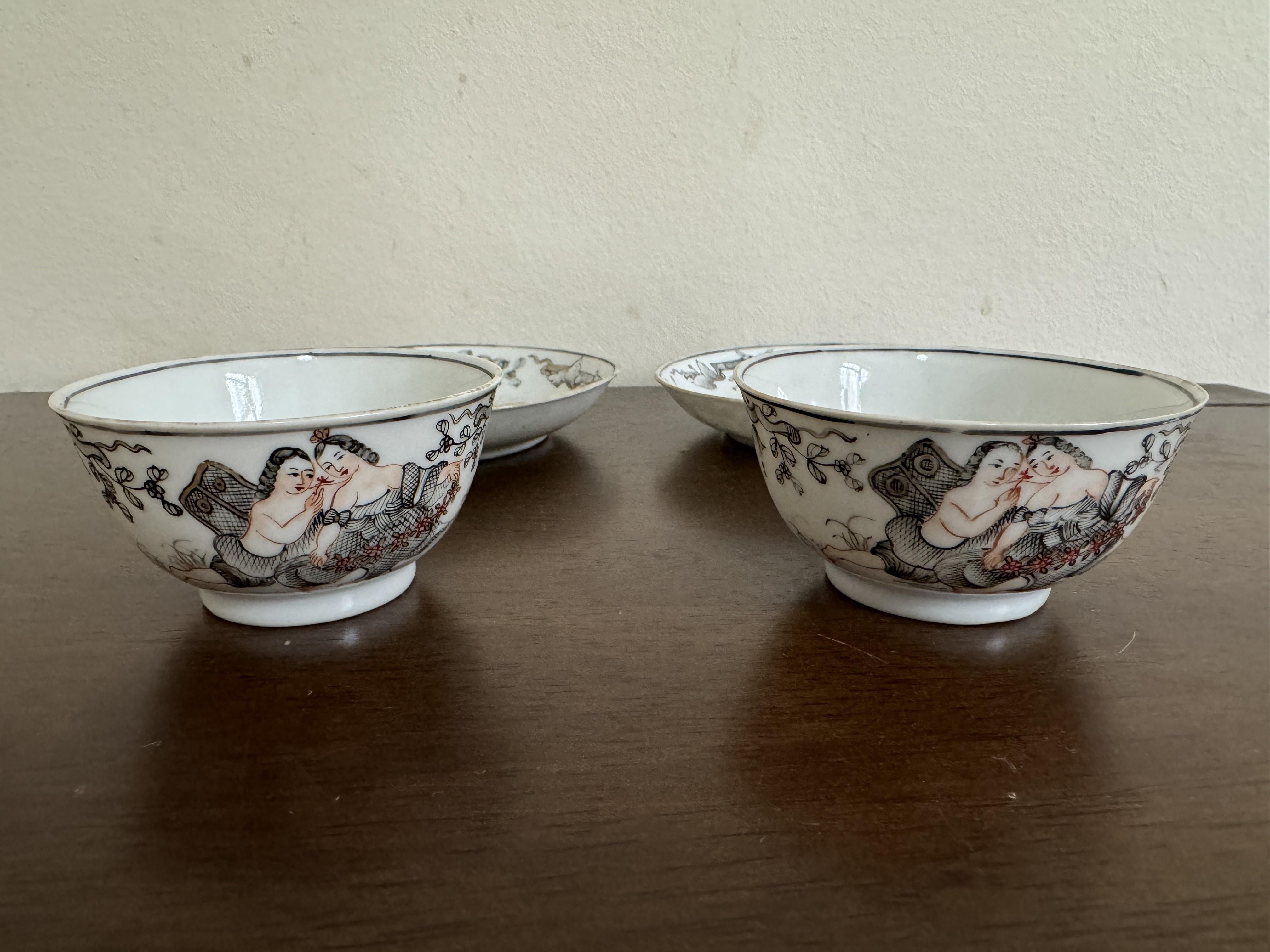 Hand-Painted Set of Chinese export 'mythological' cups and saucers, 18th Century Qianlong