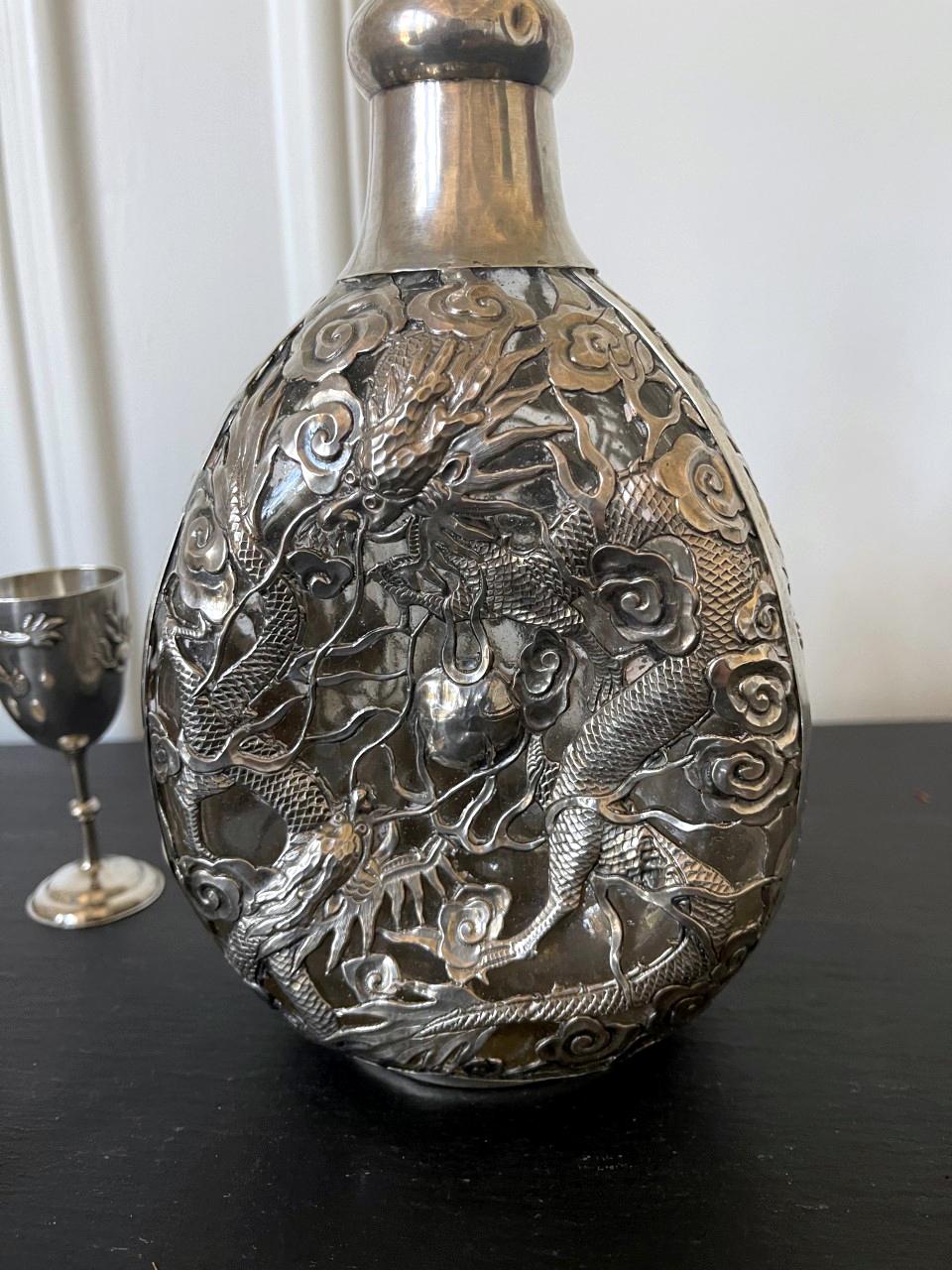 Sterling Silver Set of Chinese Export Silver Overlay Bottle with Five Cordials Tianjin Wuhua For Sale