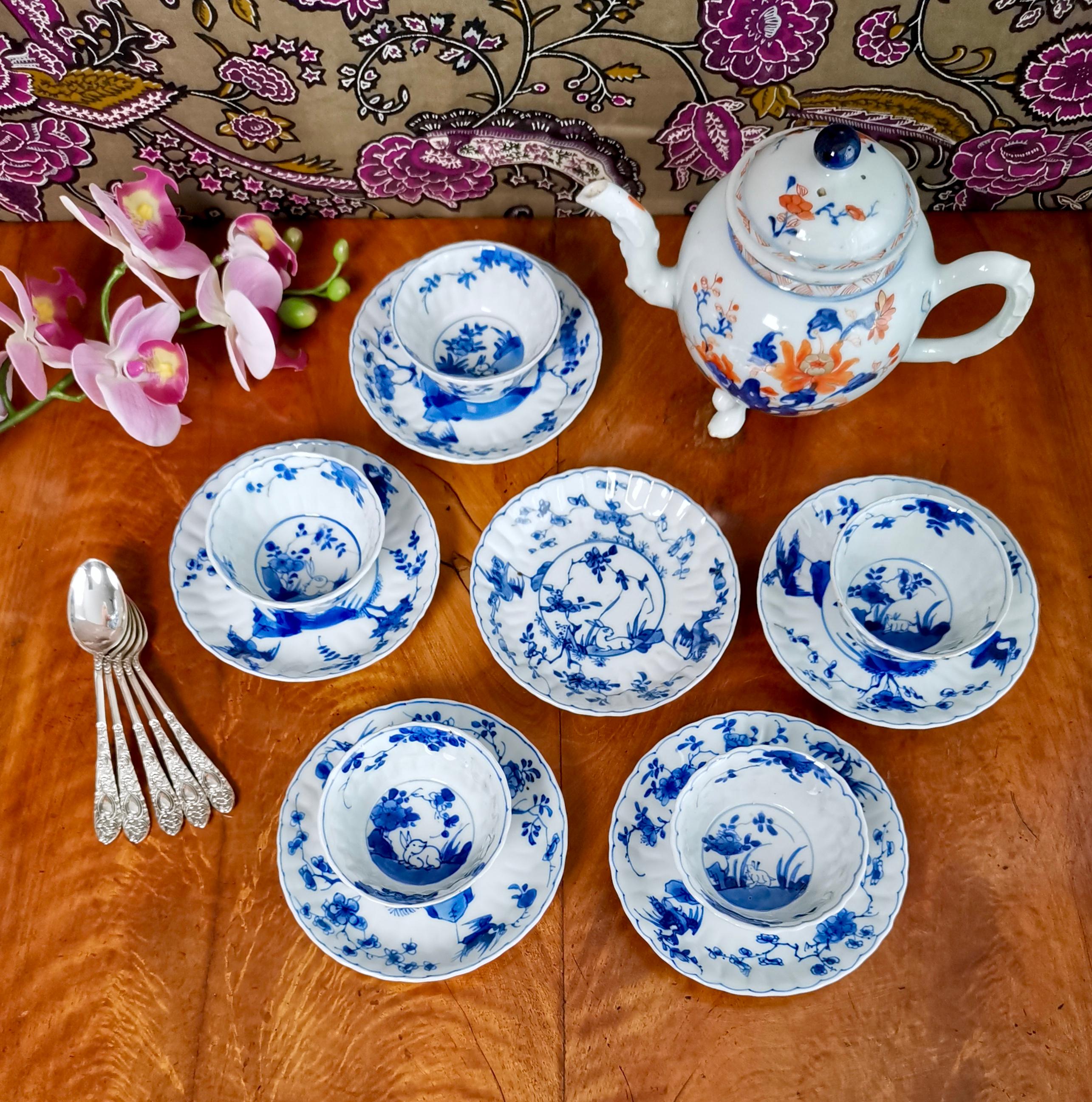 This is a very charming set of five tea bowls and six saucers made in China for export to the West in the 19th Century. The set is made in the 