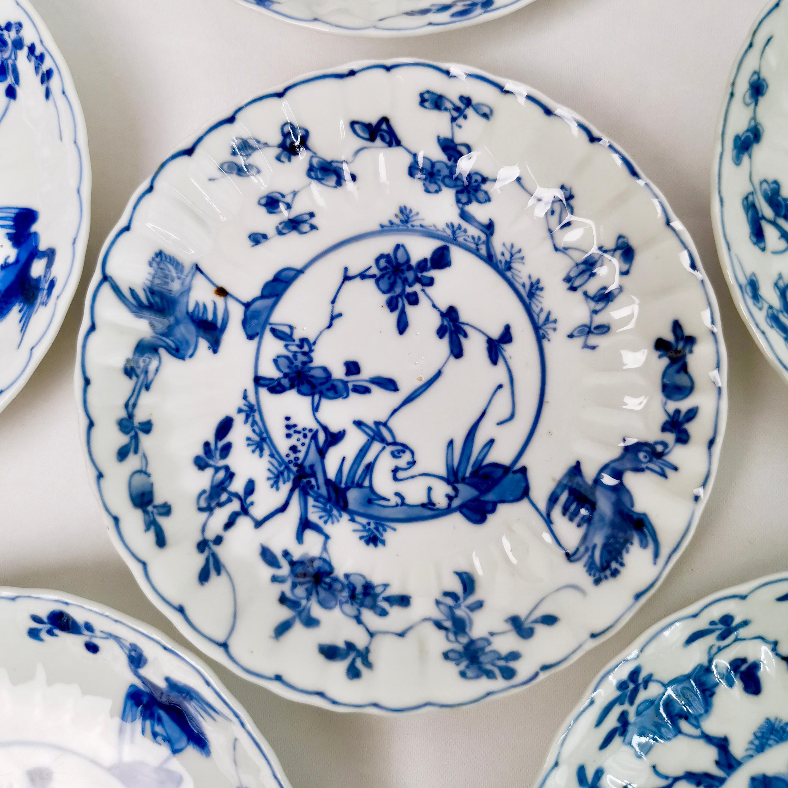 Porcelain Set of Chinese Export Tea Bowls, Rabbits and Cranes, 19th Century Kraak Style