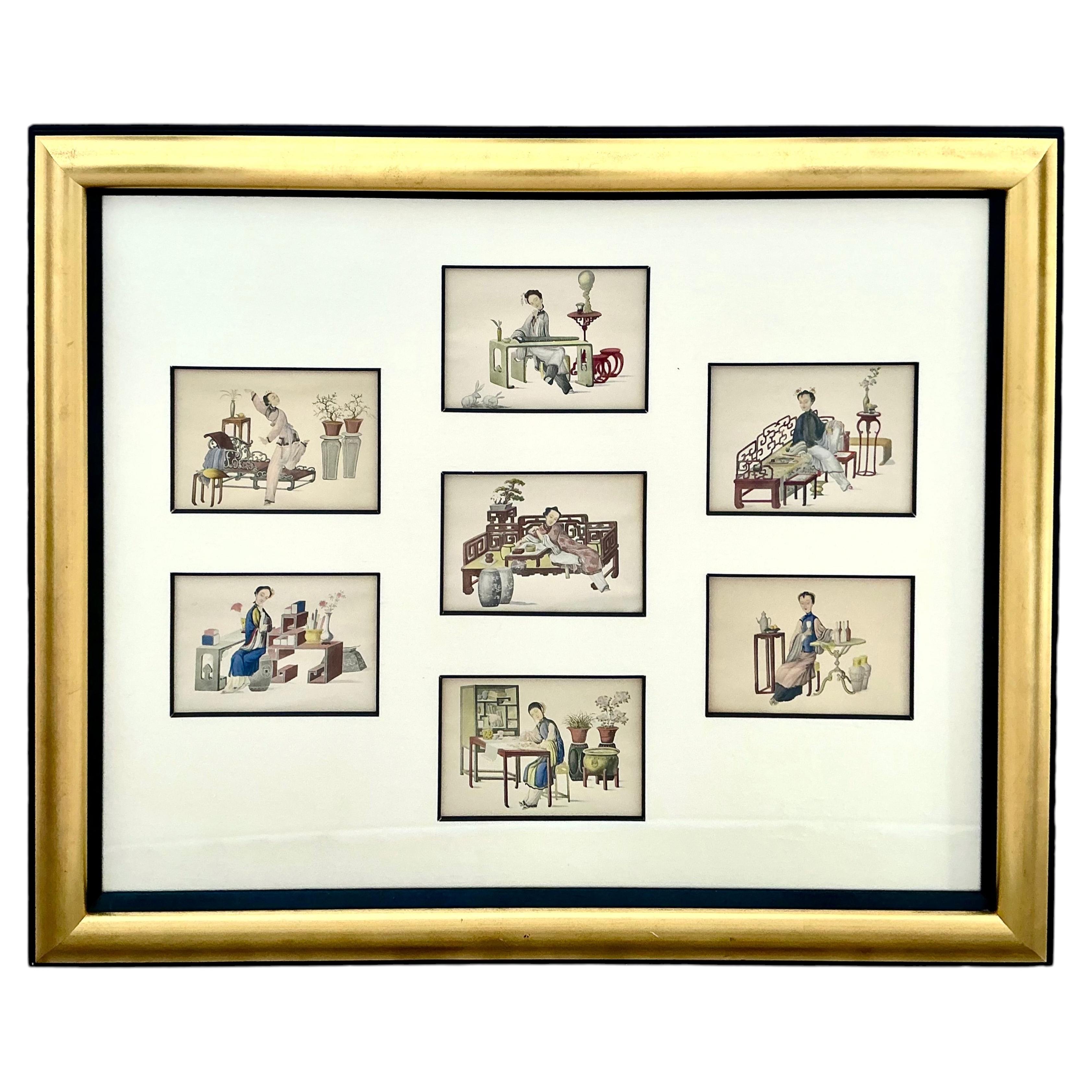 Set of Chinese Export Watercolor Paintings on Paper, Framed