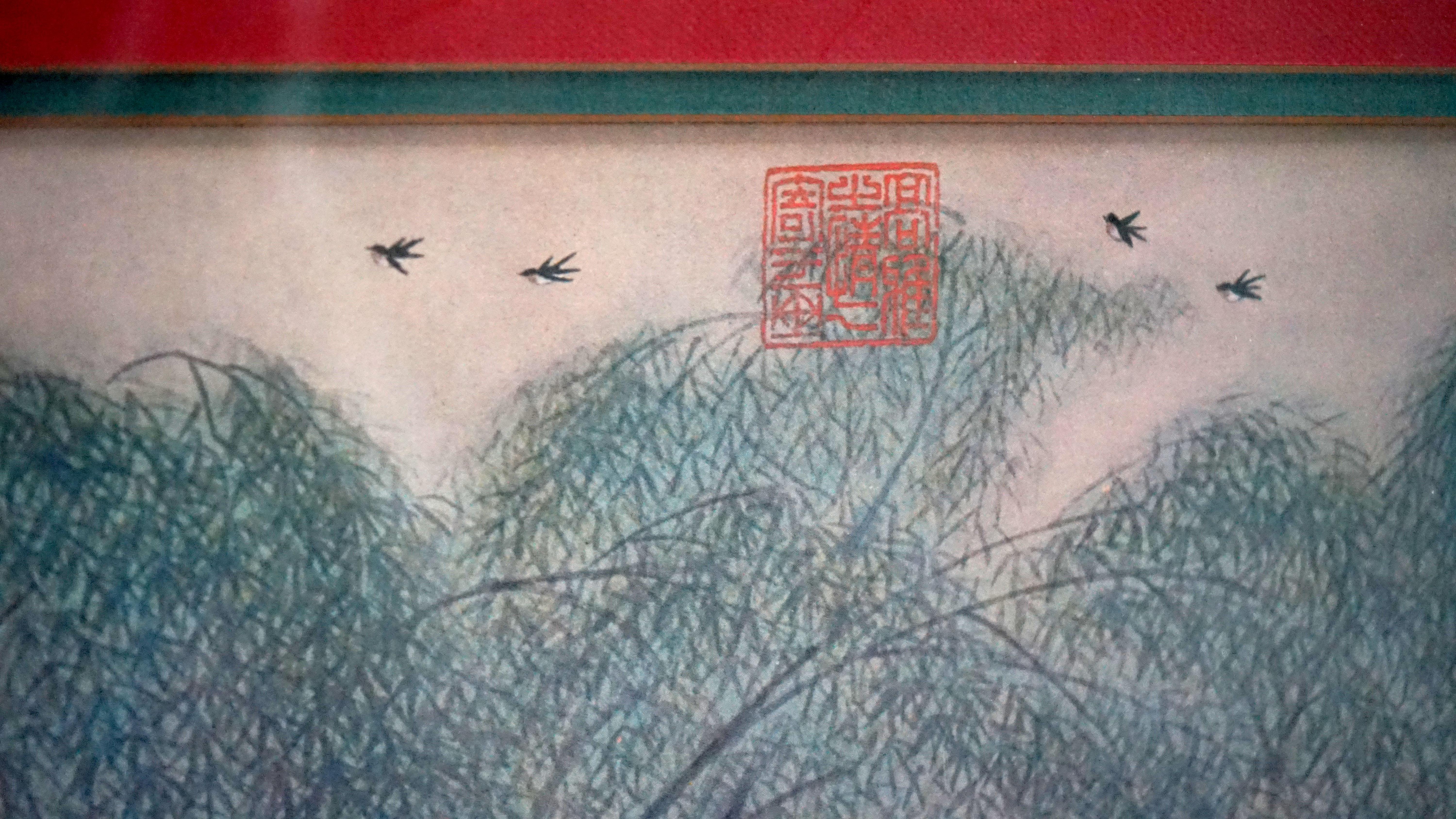 Hand-Painted Set of Chinese Figurative Mid Century Watercolor Landscapes For Sale