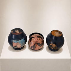 Set di scatole potiche cinesi in legno dipinte a mano con figure popolari, Shanghai, 1950