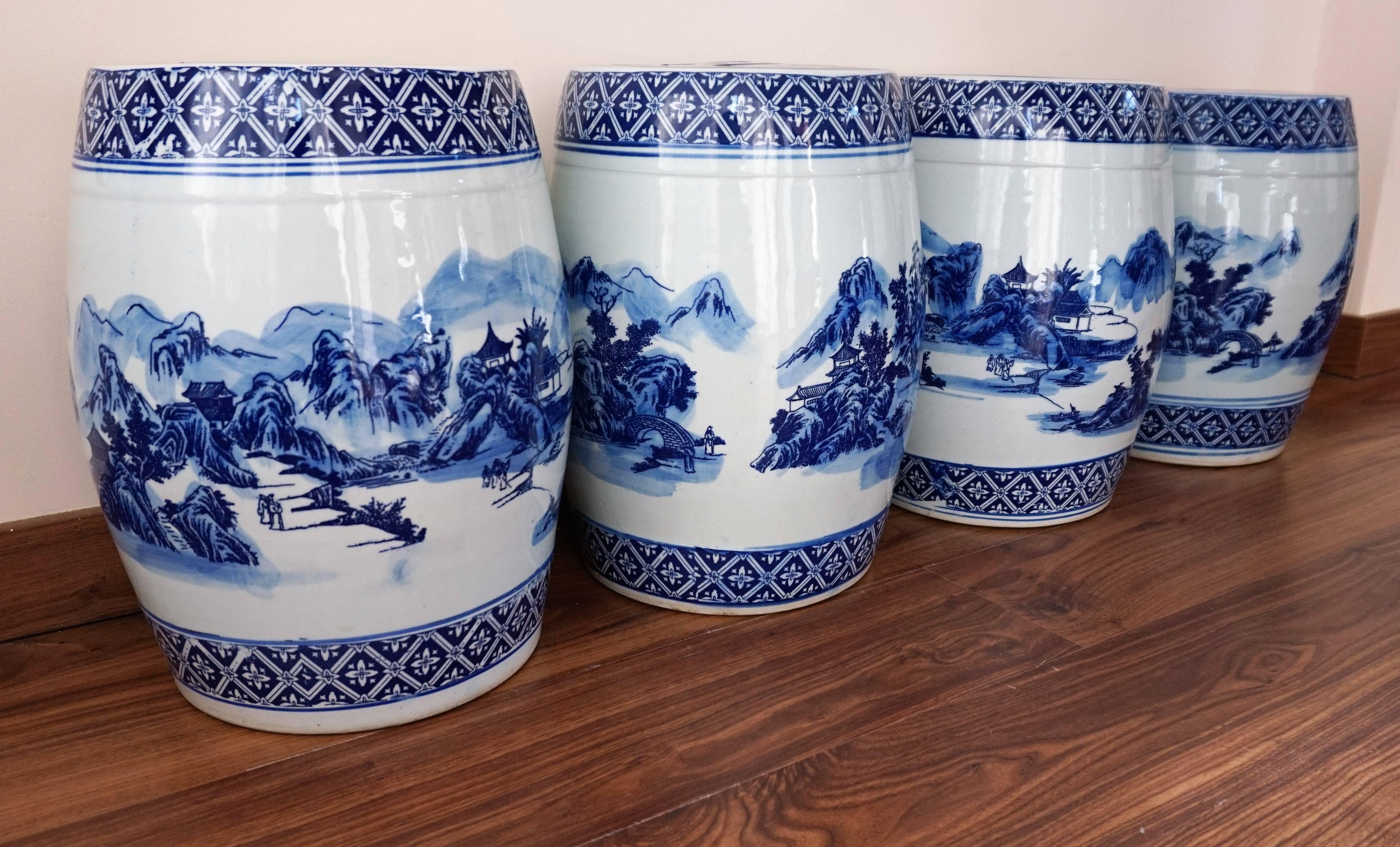 Set of Chinese Porcelain Garden Seats and Table Blue and White Floral Motif 2
