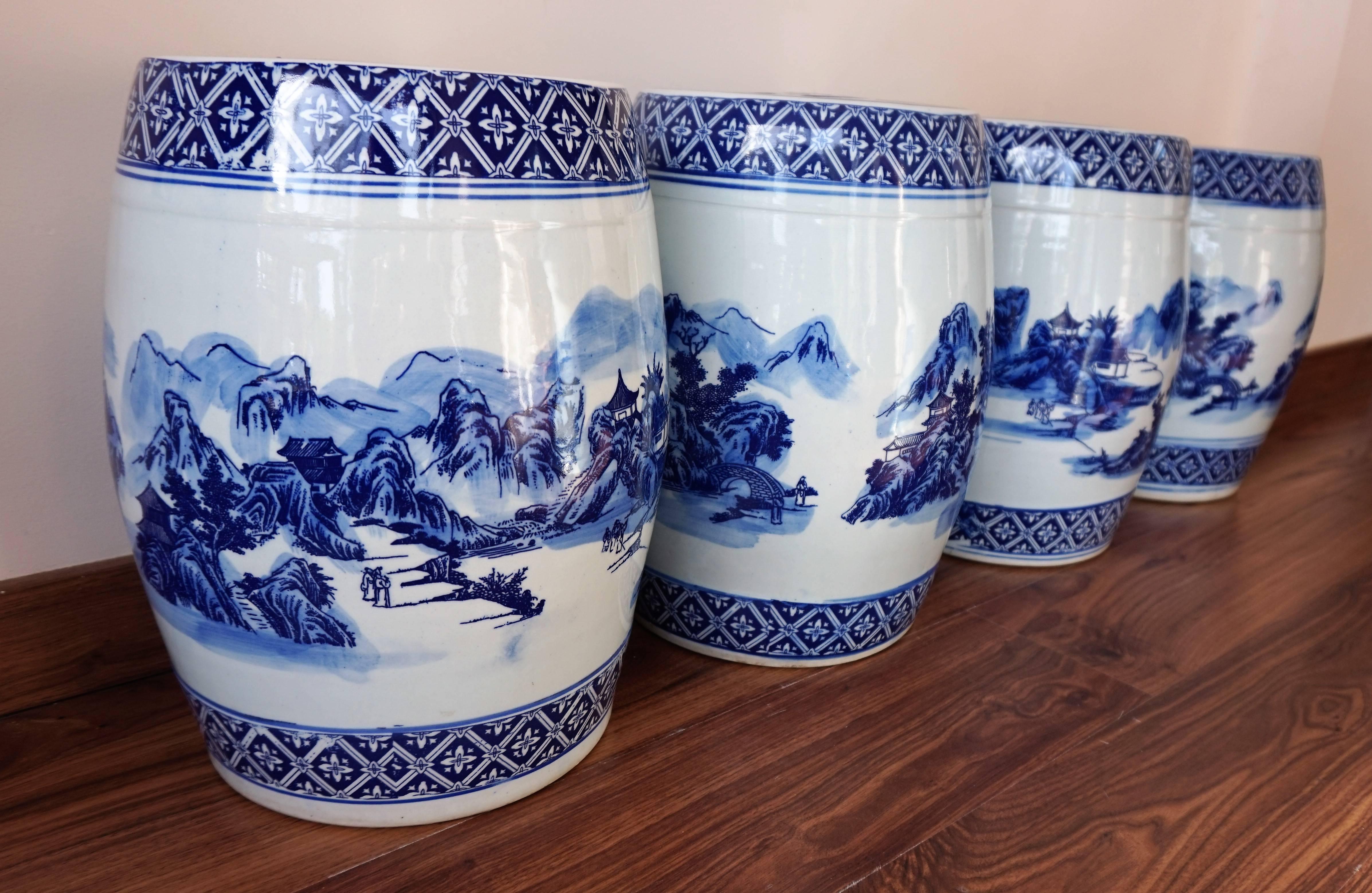 Set of Chinese Porcelain Garden Seats and Table Blue and White Floral Motif 3