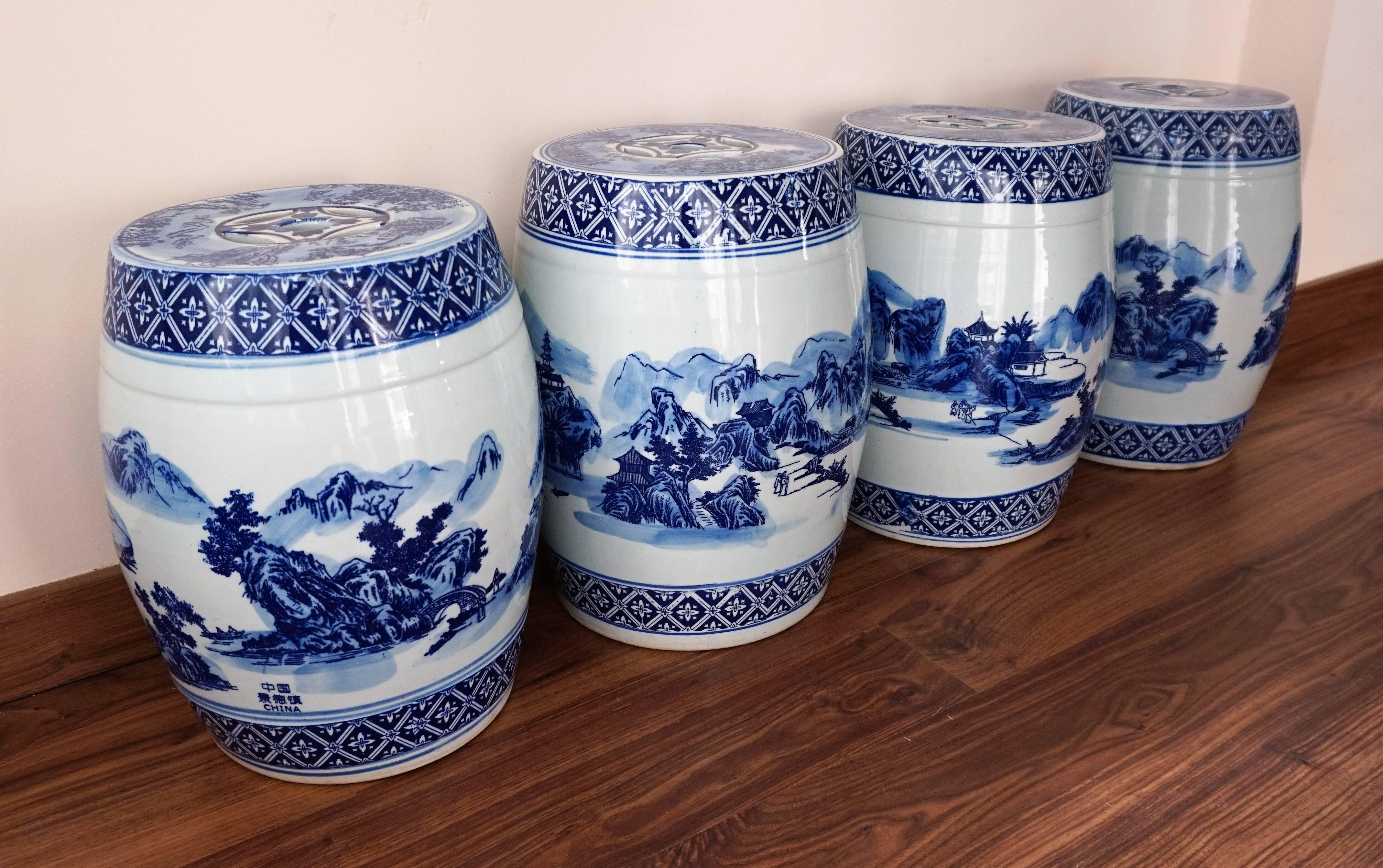 Set of Chinese Porcelain Garden Seats and Table Blue and White Floral Motif 4