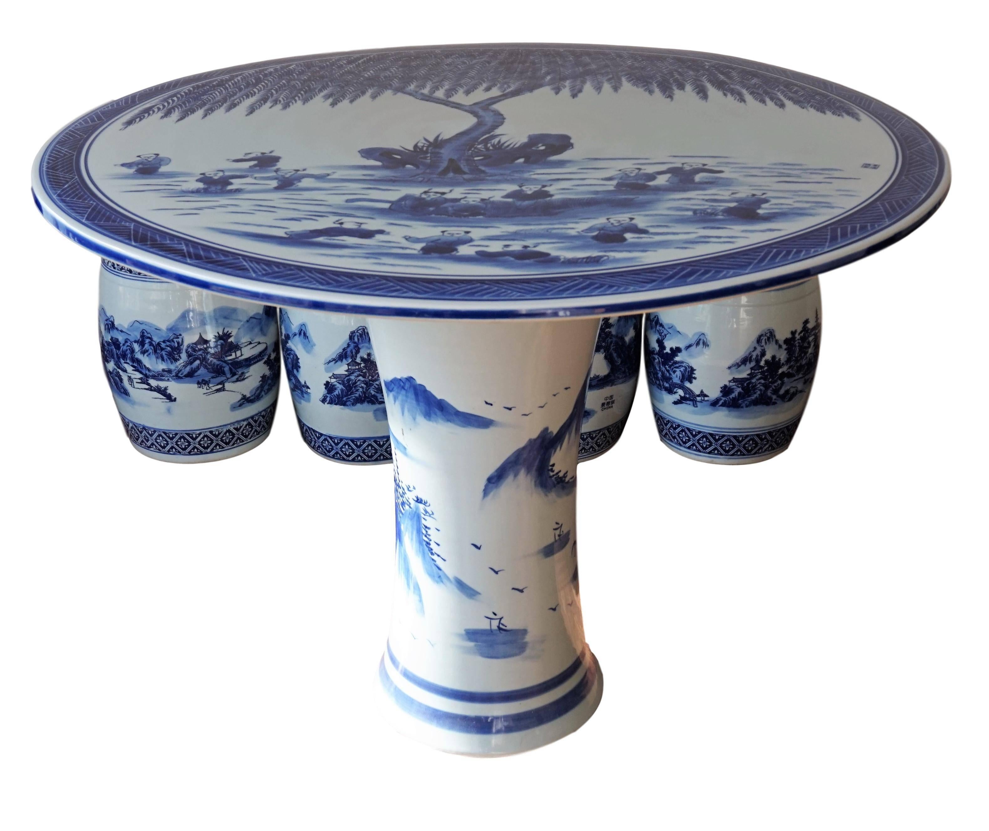 Set of traditional Chinese porcelain garden seats and table blue and white floral motif
garden stools and table
side tables.

Table measurements:
Diameter 36.81 in
Height 27.95 in.

Stools measurements:
Diameter 11.41 in
Height 14.75 in.