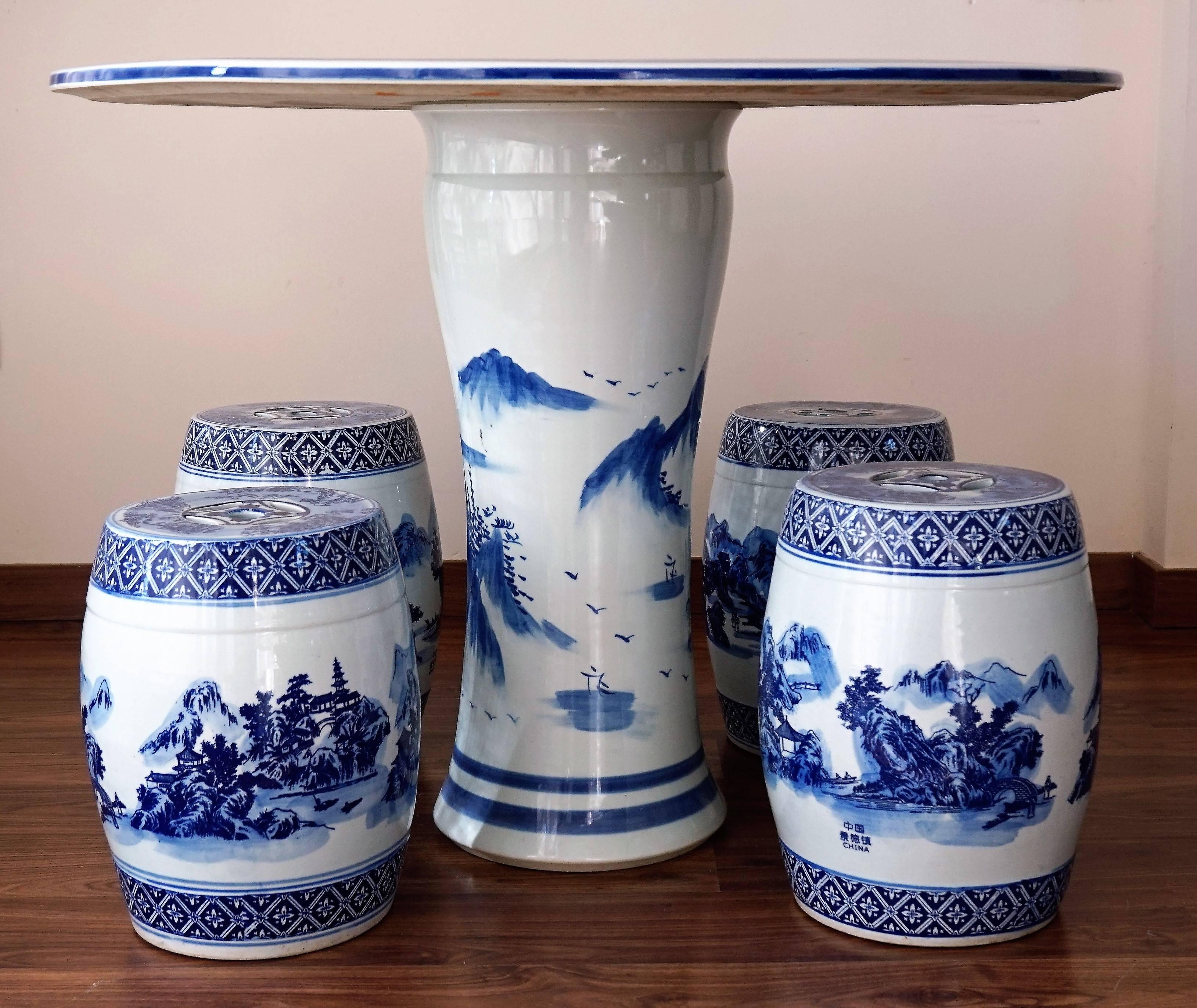 Chinese Export Set of Chinese Porcelain Garden Seats and Table Blue and White Floral Motif