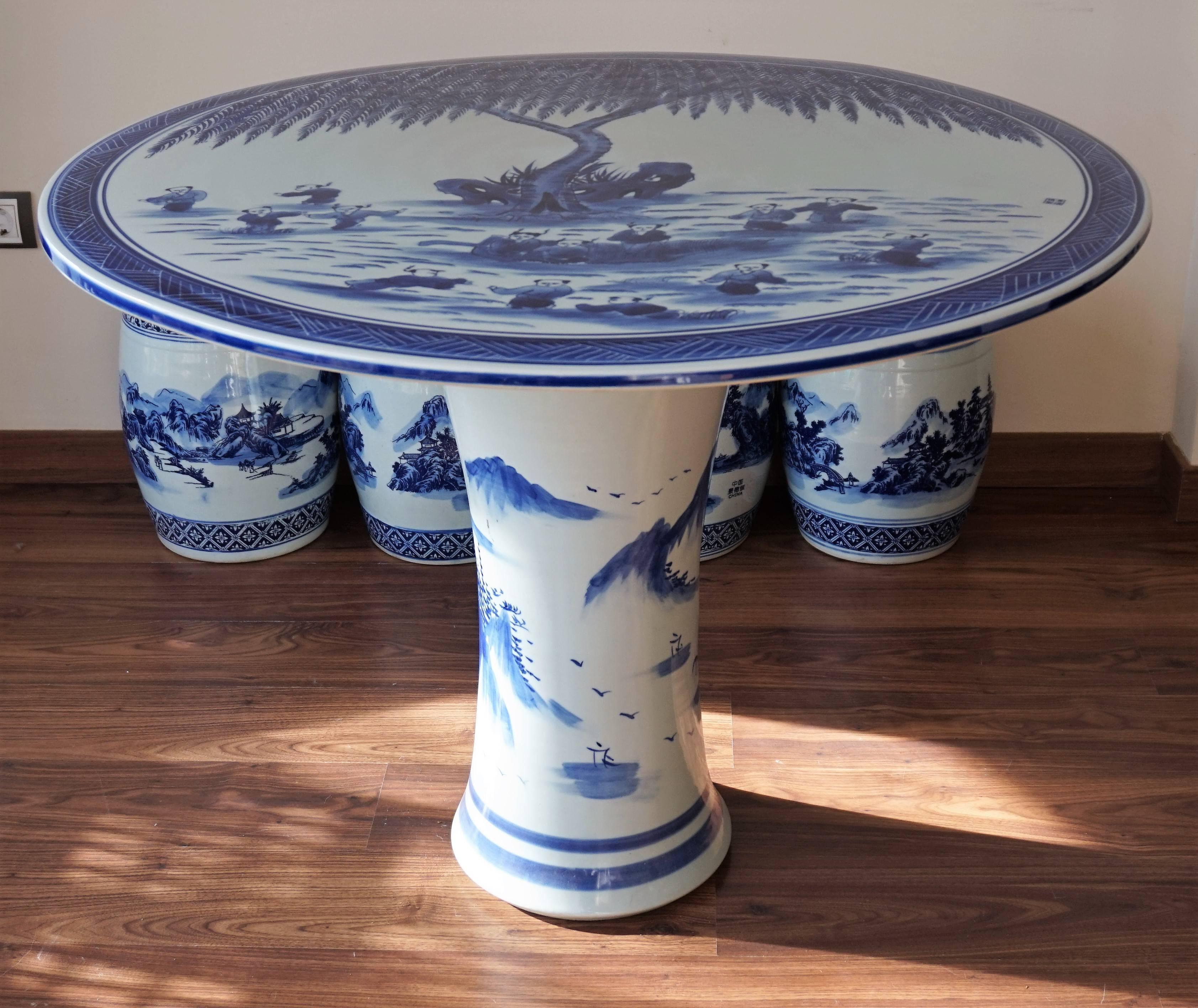 Asian Set of Chinese Porcelain Garden Seats and Table Blue and White Floral Motif