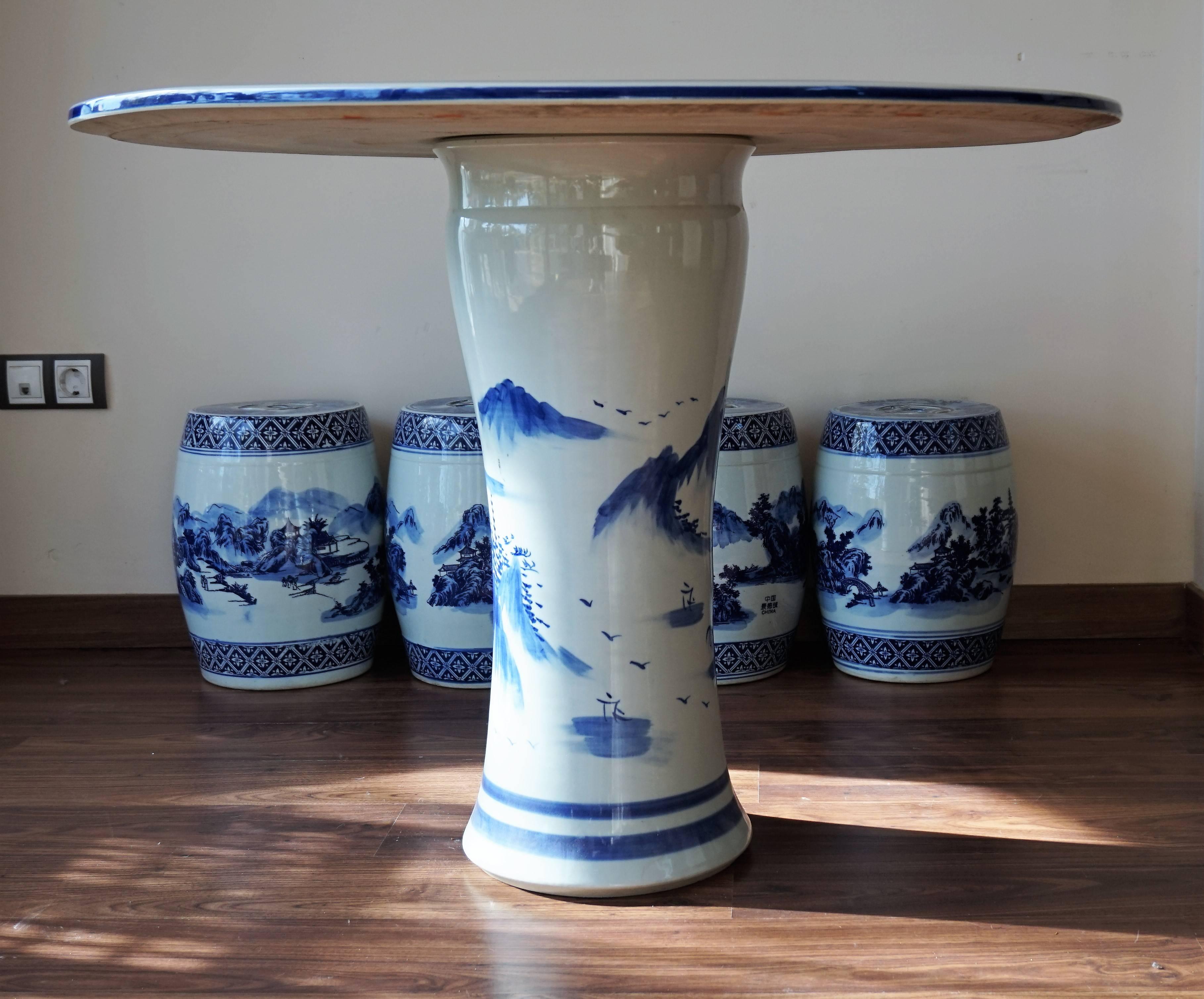 Hand-Painted Set of Chinese Porcelain Garden Seats and Table Blue and White Floral Motif