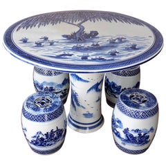 Set of Chinese Porcelain Garden Seats and Table Blue and White Floral Motif