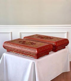 Set of Chinese Red Lacquered Wedding Presentation Boxes, Carved, Parcel Gilt