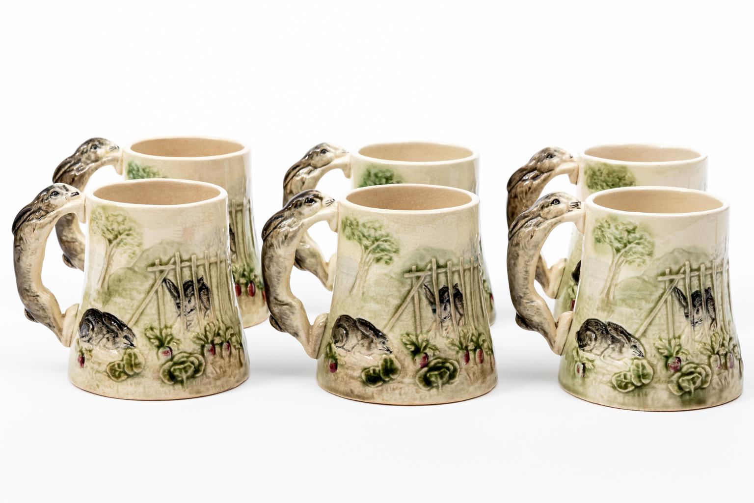 Set of Choisy Le Roi French Higgins and Seiter Majolica Bunny Rabbit Mugs In Good Condition In Stamford, CT
