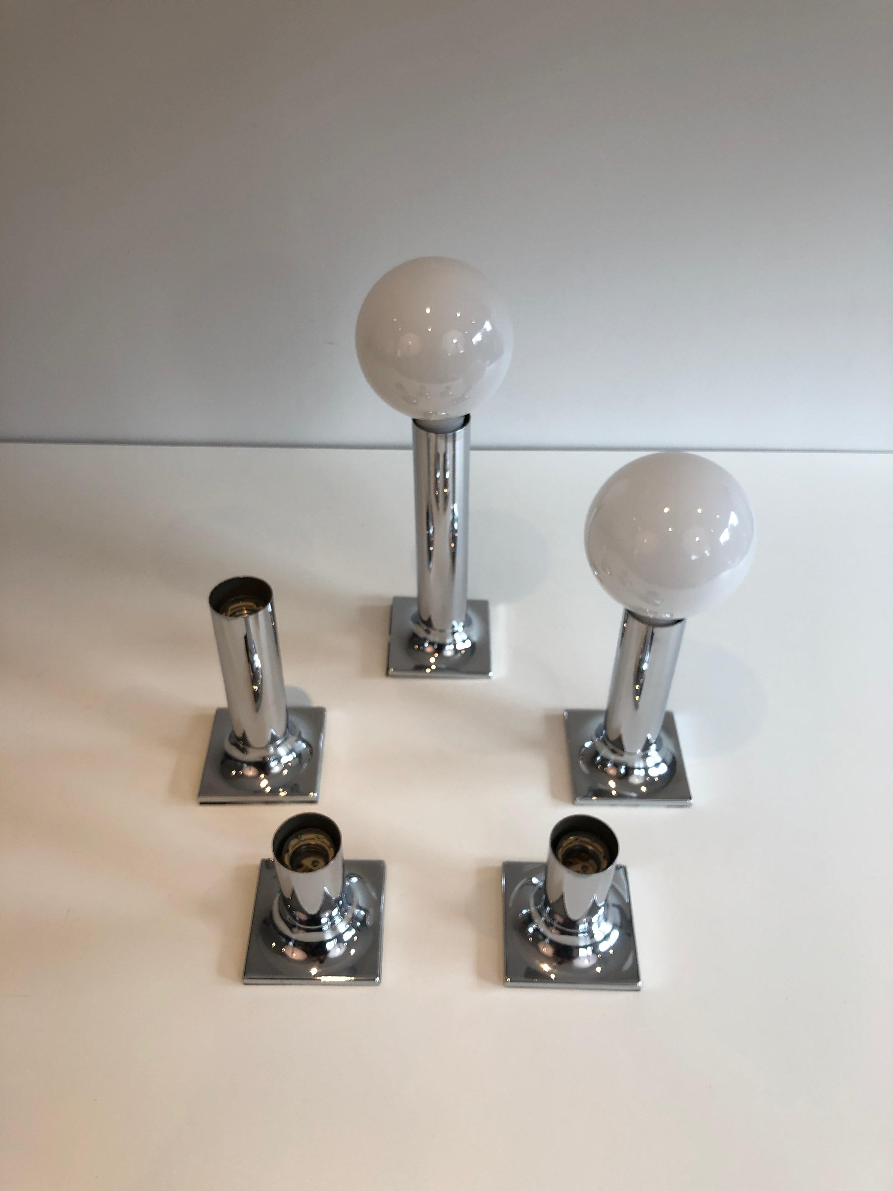 Set of chrome and white opaline glass bowls wall lights or fixtures For Sale 6