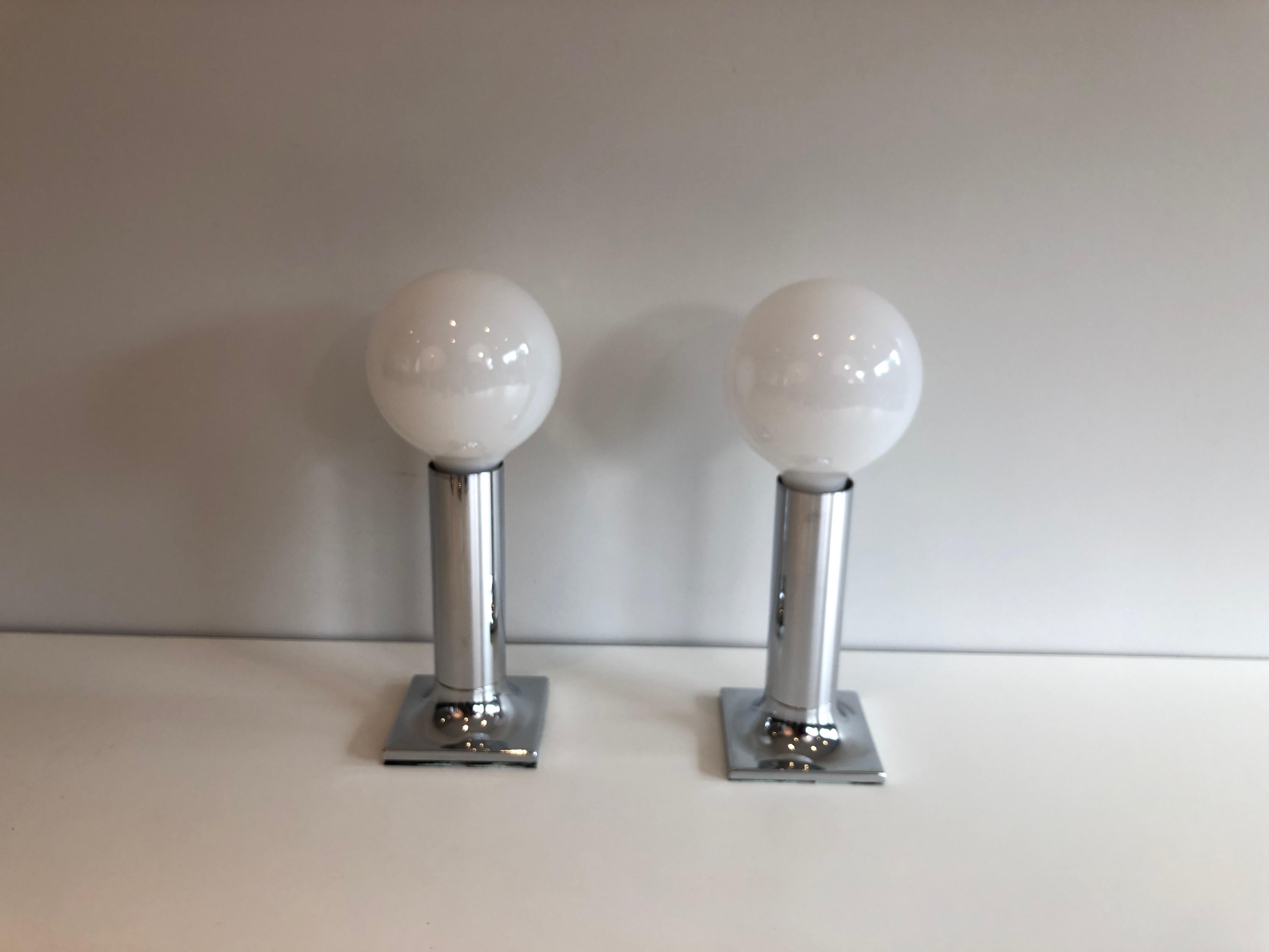 Set of chrome and white opaline glass bowls wall lights or fixtures For Sale 8