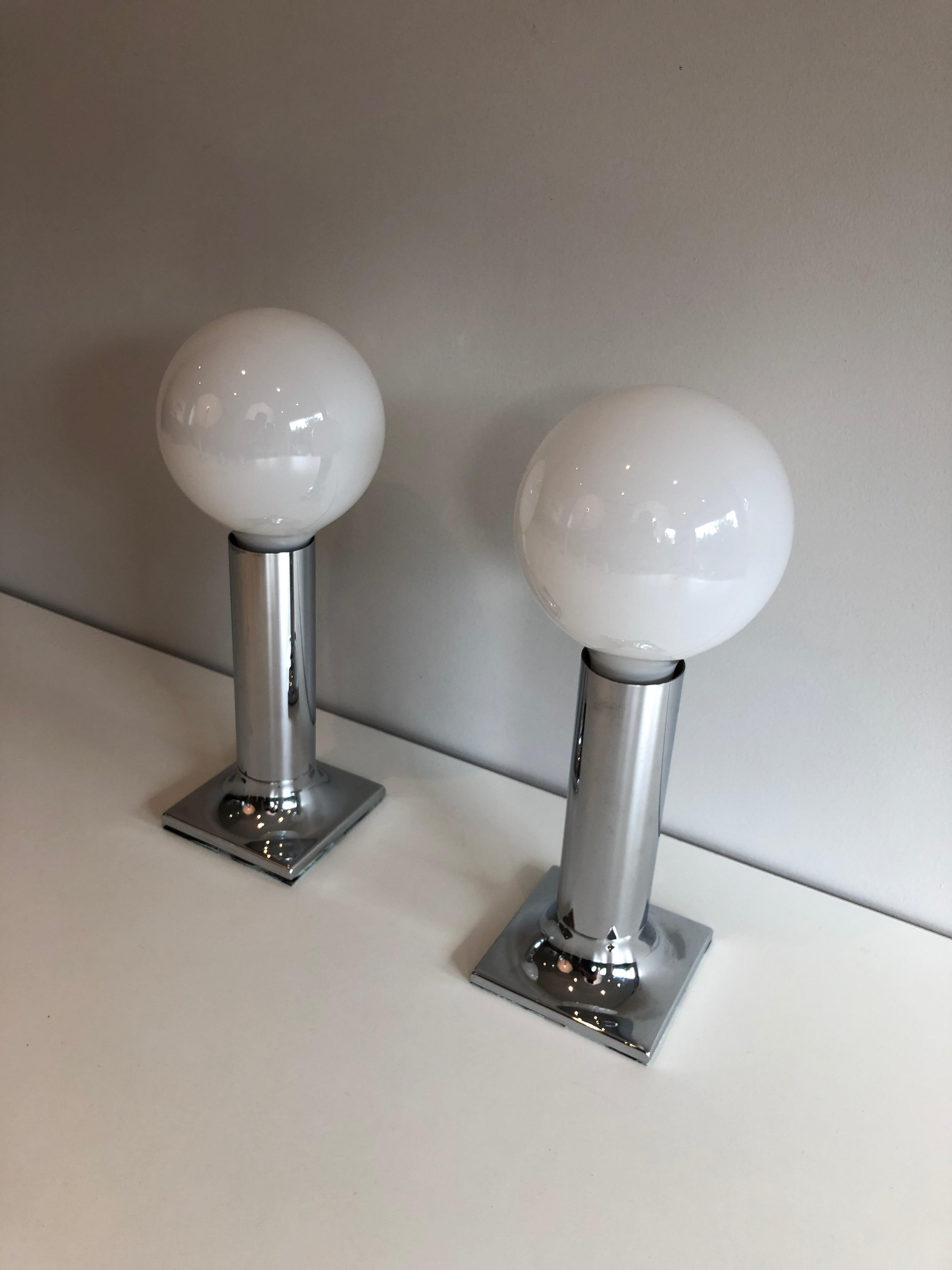 Set of chrome and white opaline glass bowls wall lights or fixtures For Sale 9