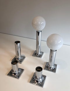 Set di applique o lampade da parete in cromo e vetro opalino bianco