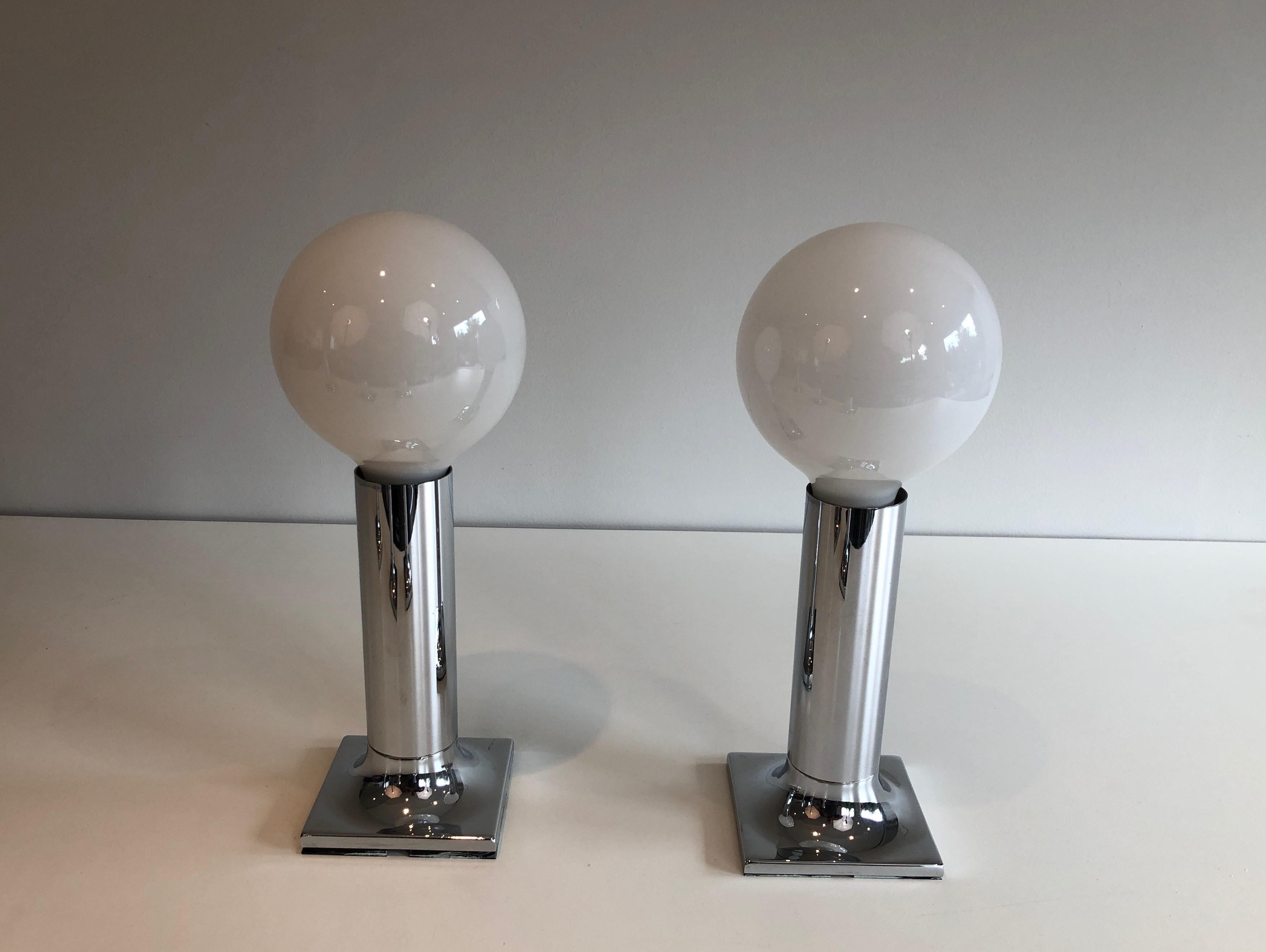 Mid-Century Modern Set of chrome and white opaline glass bowls wall lights or fixtures For Sale